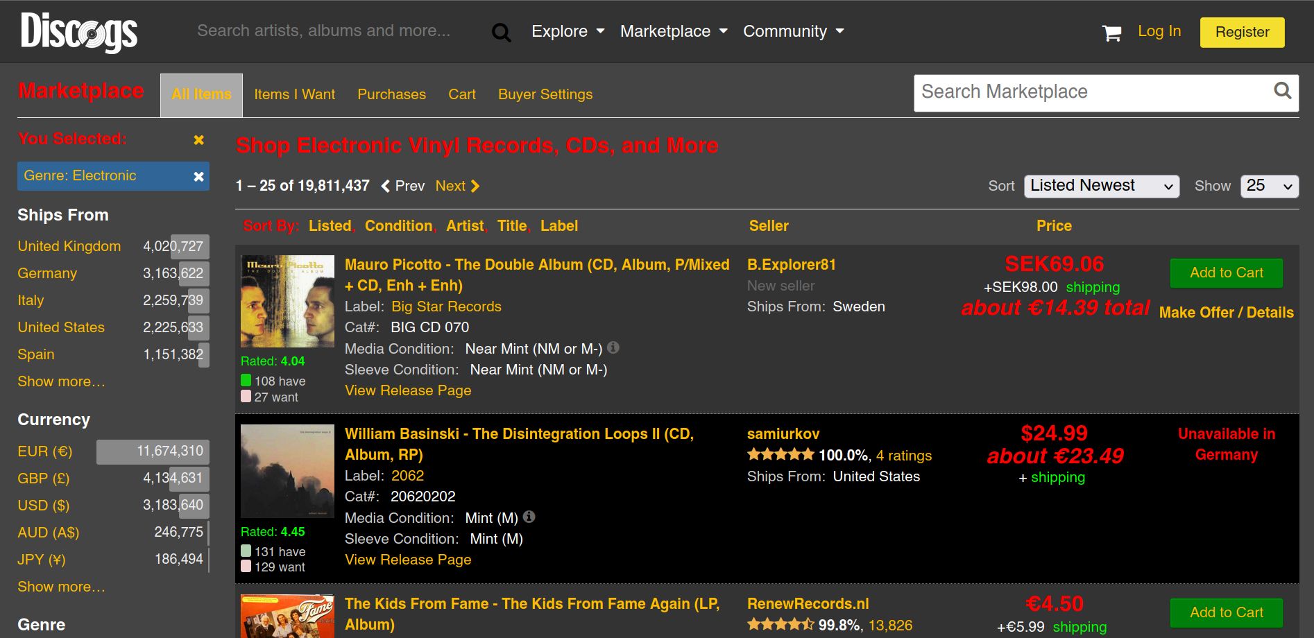 Screenshot of Discogs lighter dark