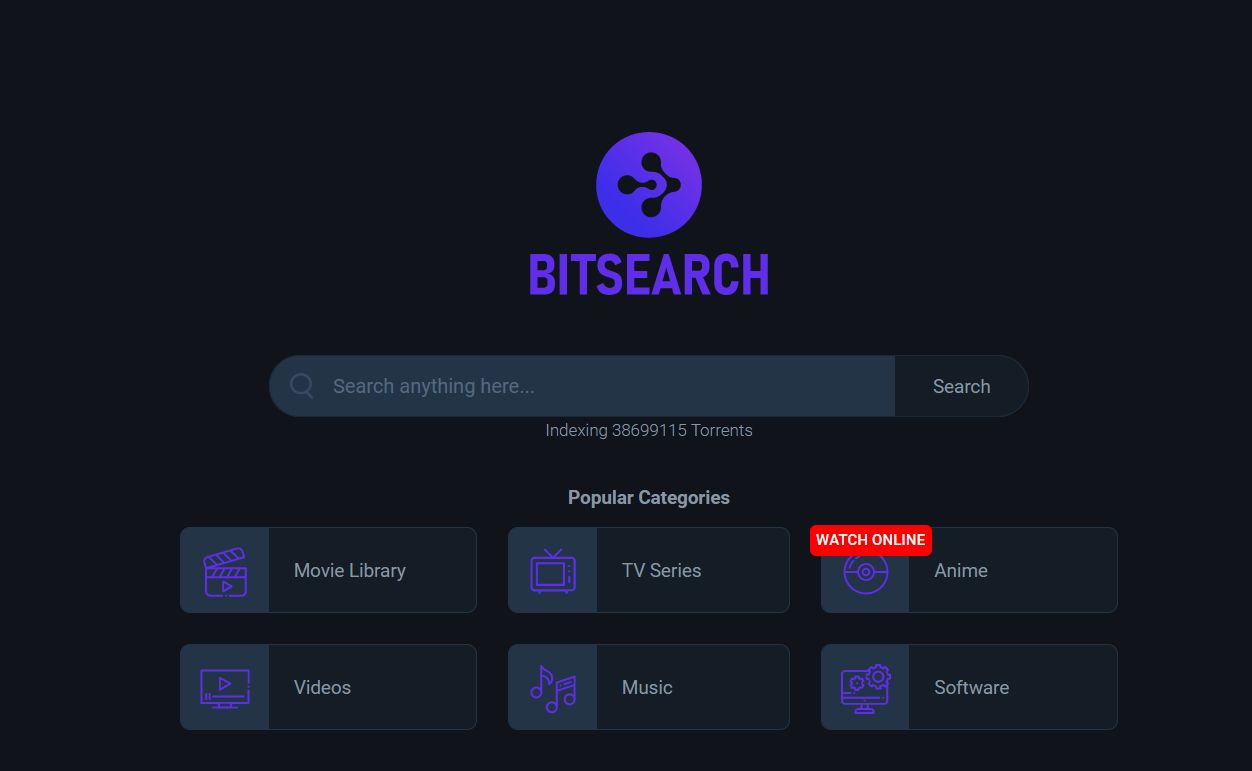 Screenshot of bitsearch.to night mode
