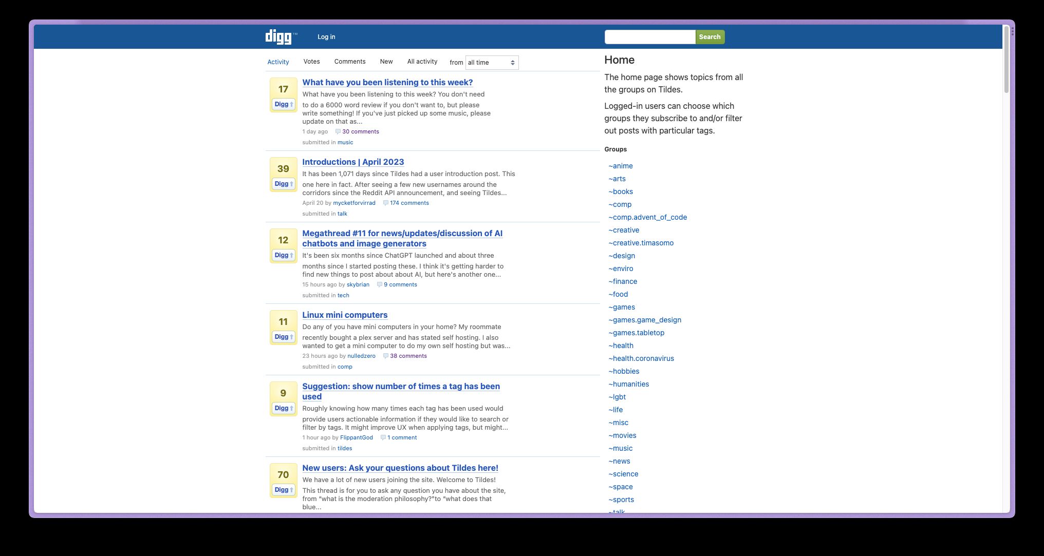 Screenshot of Digg v4 for Tildes