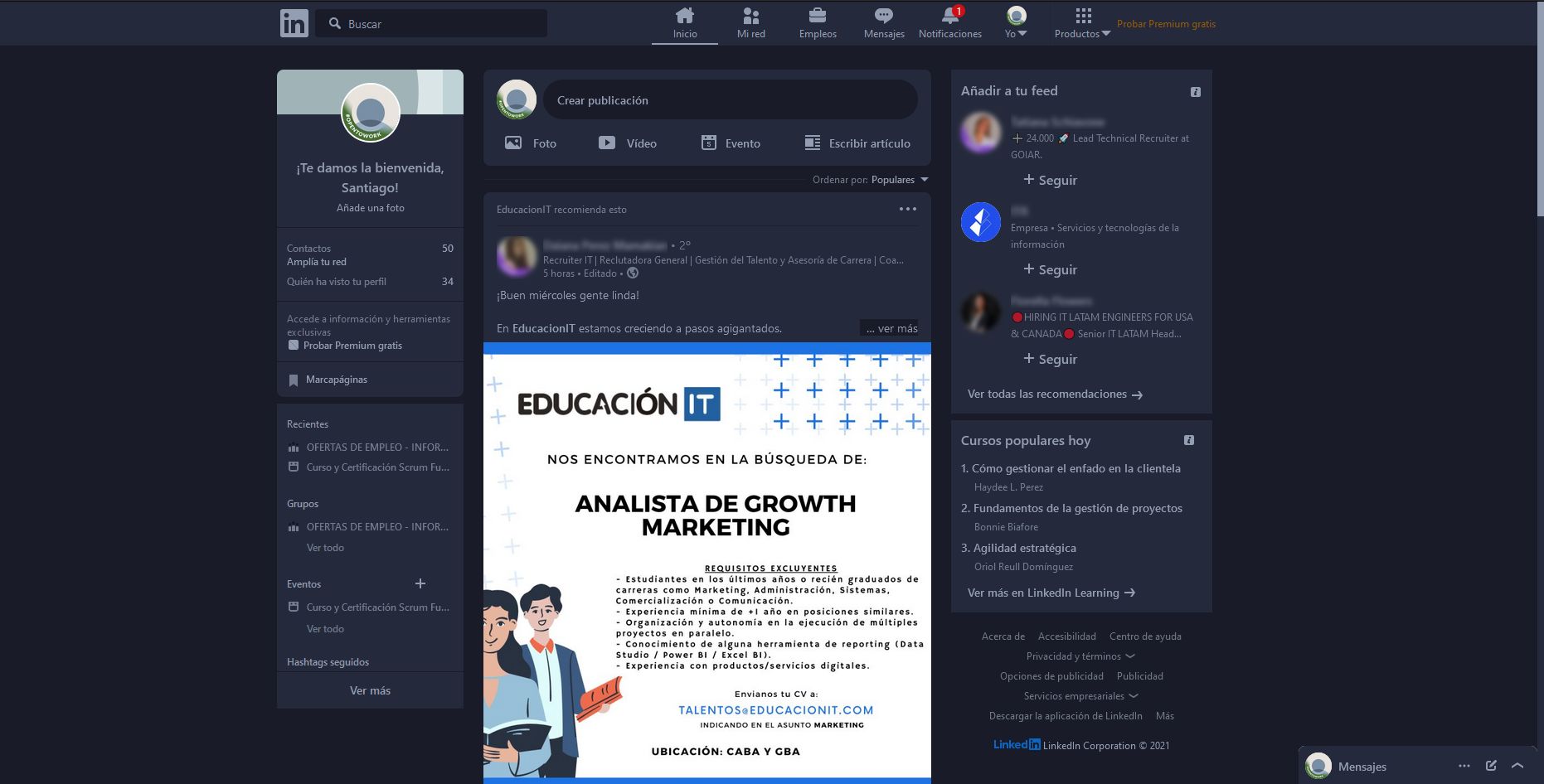 Screenshot of linkedin Dark Mode