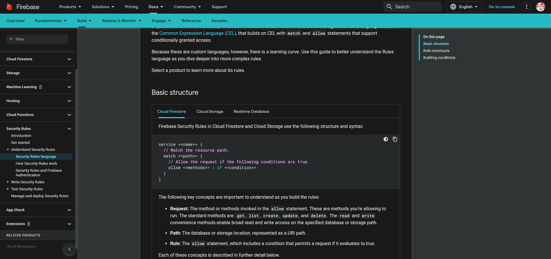 Screenshot of Firebase docs dark theme