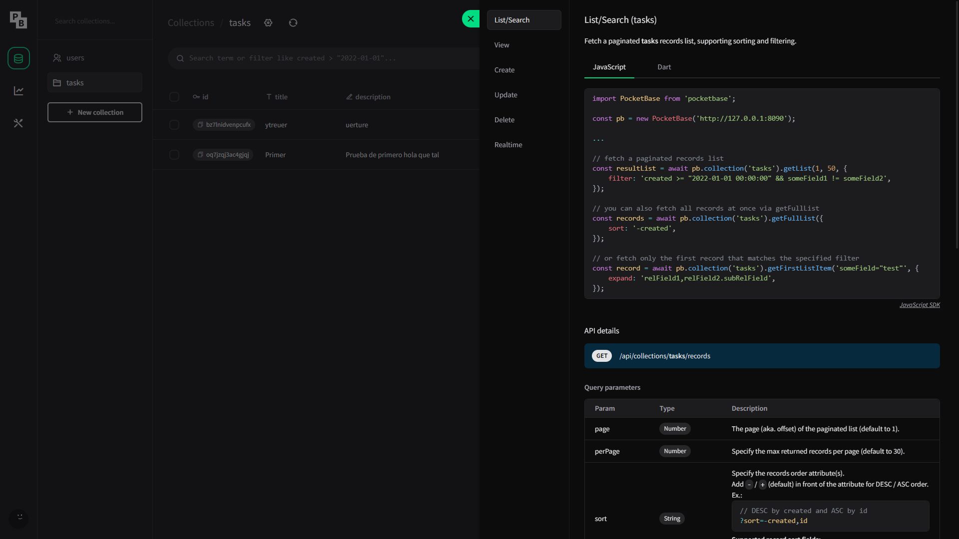 Screenshot of Pocketbase dark theme