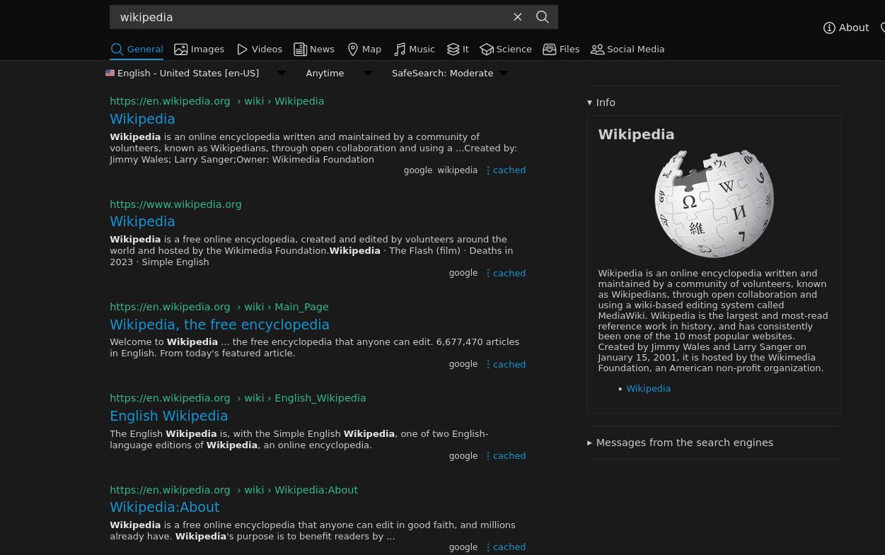 Screenshot of SearXNG - dark theme