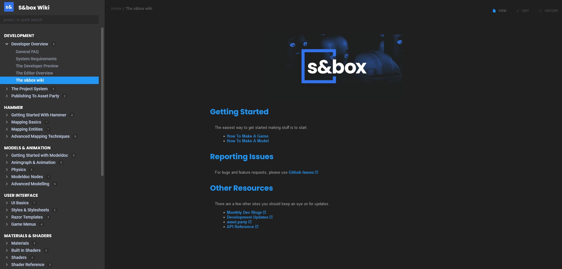 Screenshot of S&box Wiki "Dark Mode"