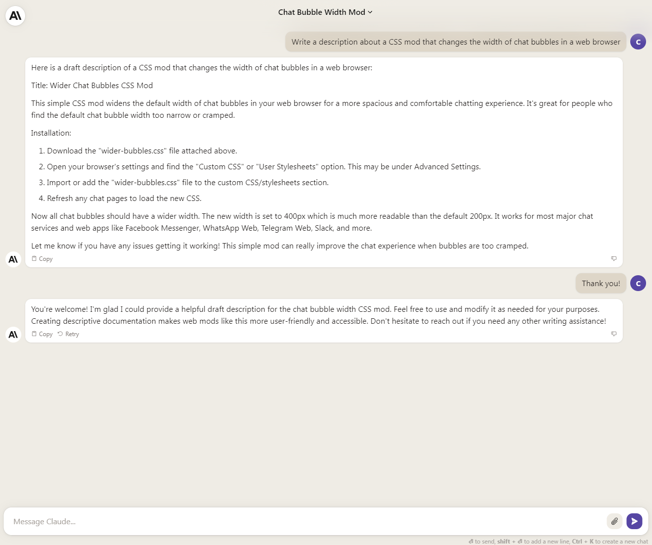 Claude.Ai - Wider Chat Bubbles — UserStyles.World