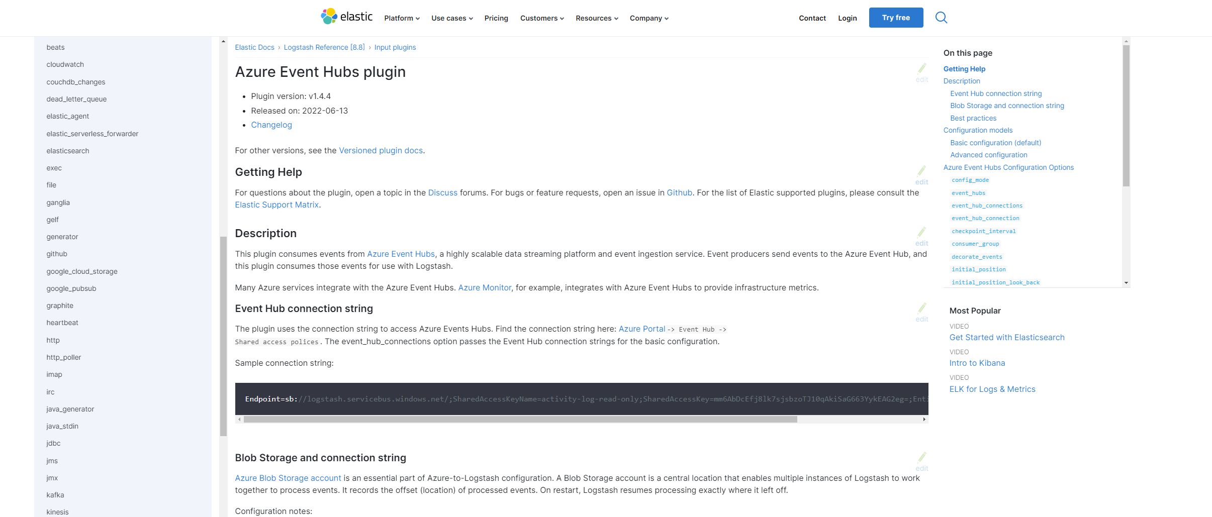Screenshot of Elastic.co - Documentation