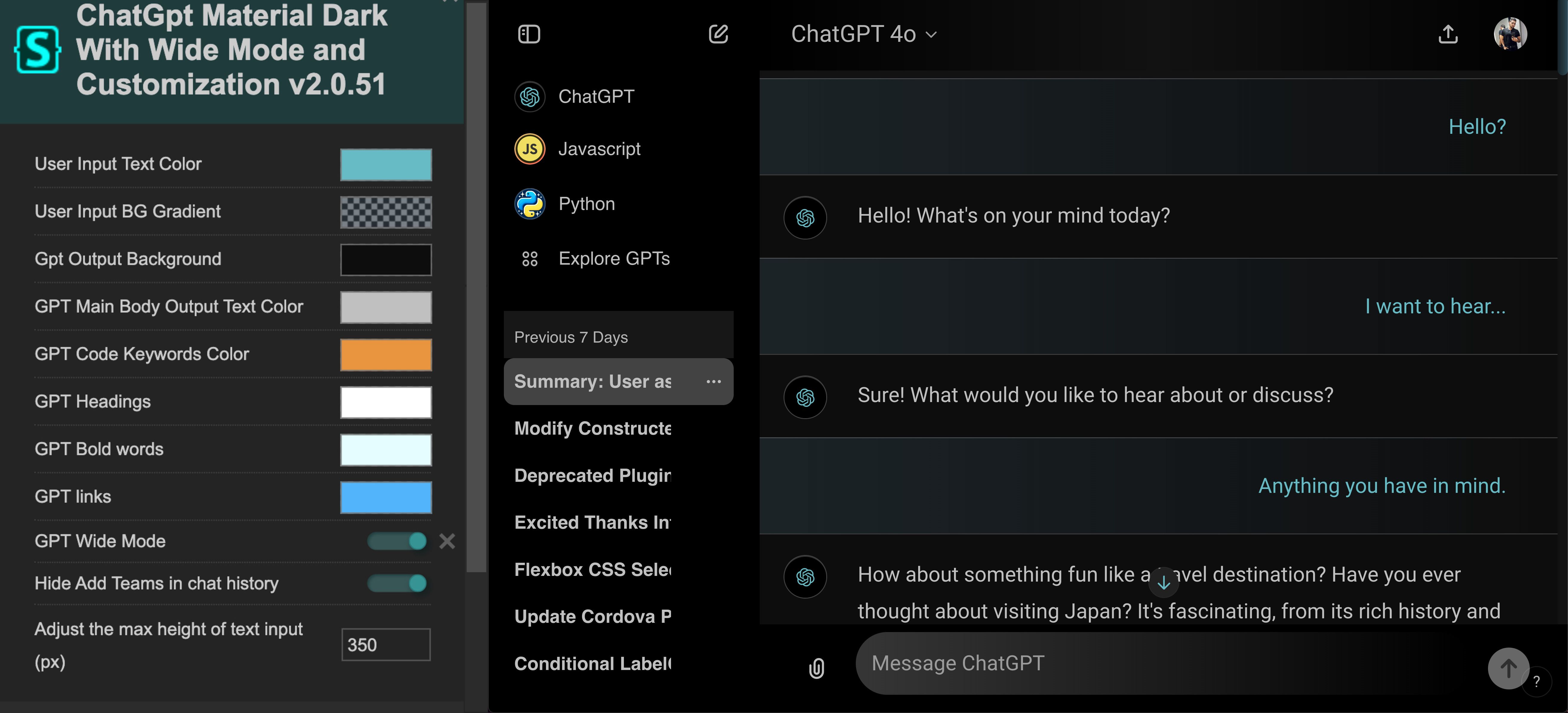 Screenshot of ChatGpt Material Dark With Wide Mode Option