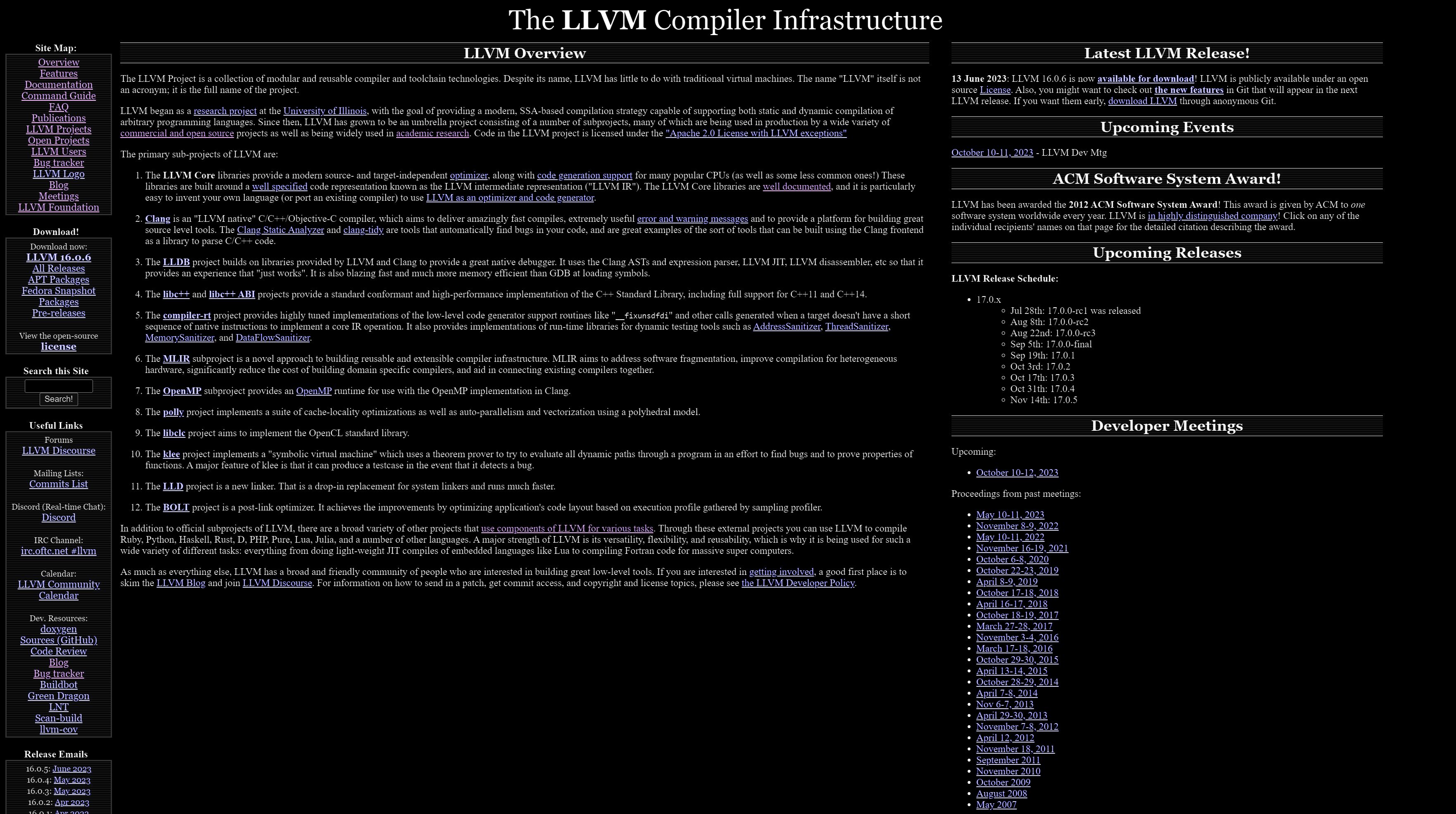 Screenshot of llvm.org - Dark