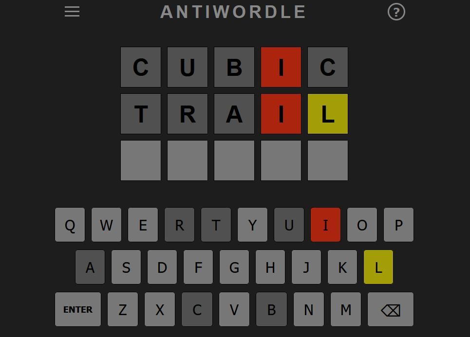 Screenshot of Antiwordle Dark Mode