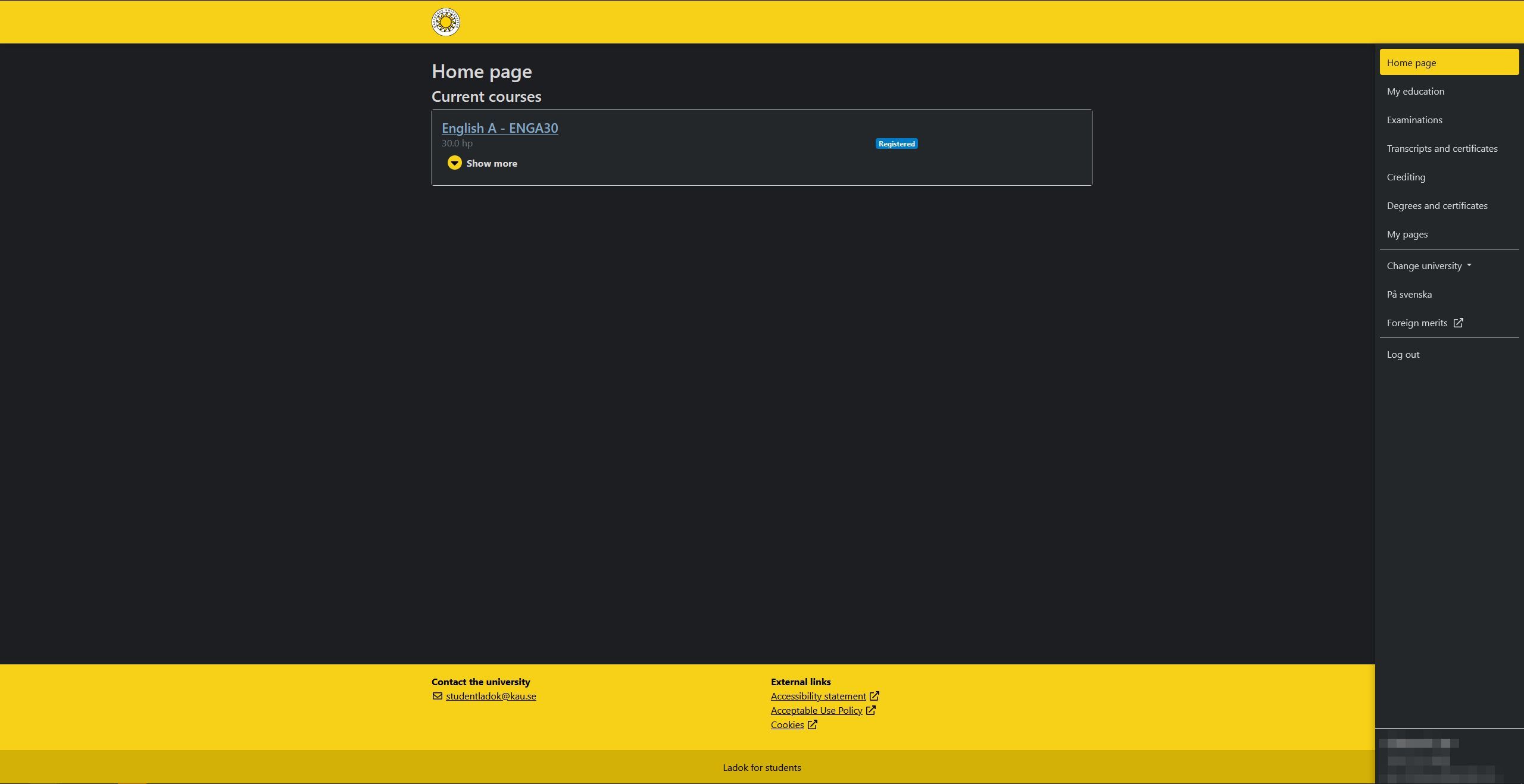 Screenshot of Dark mode ladok.se