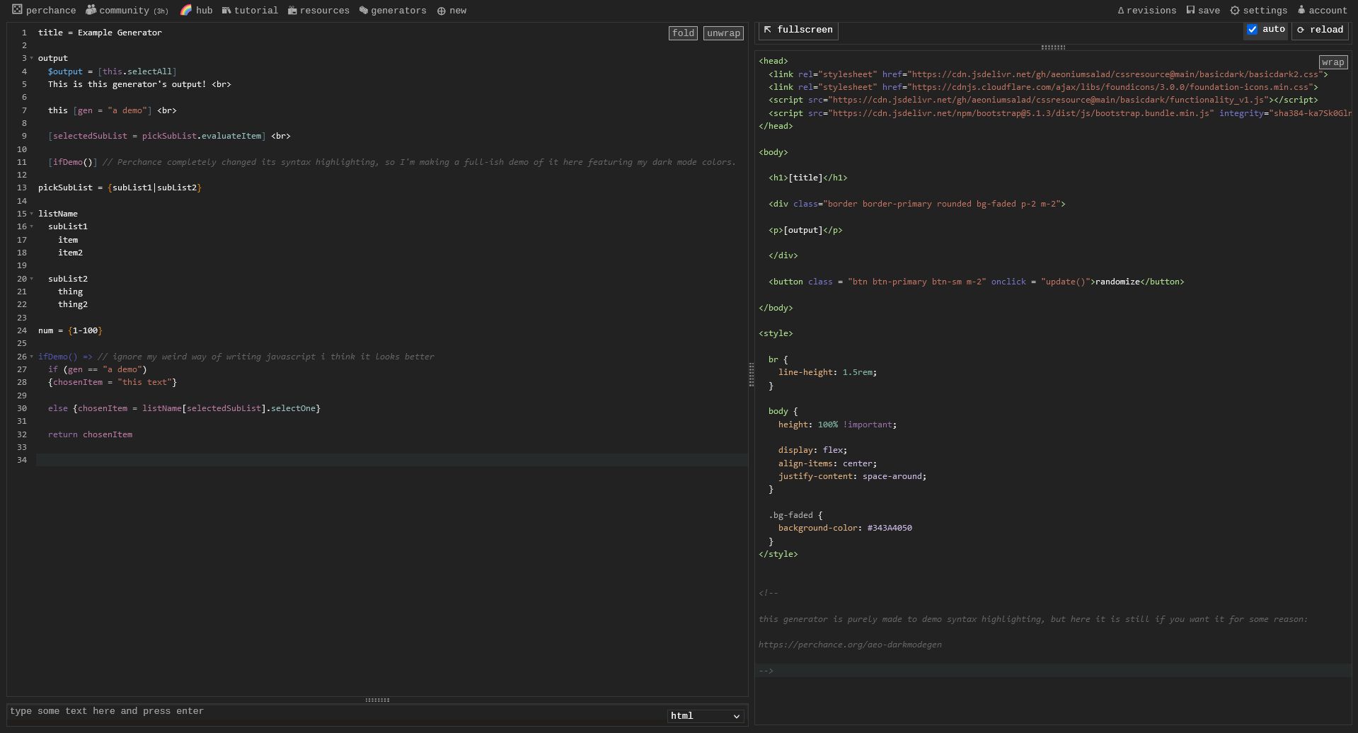 Screenshot of perchance - dark code