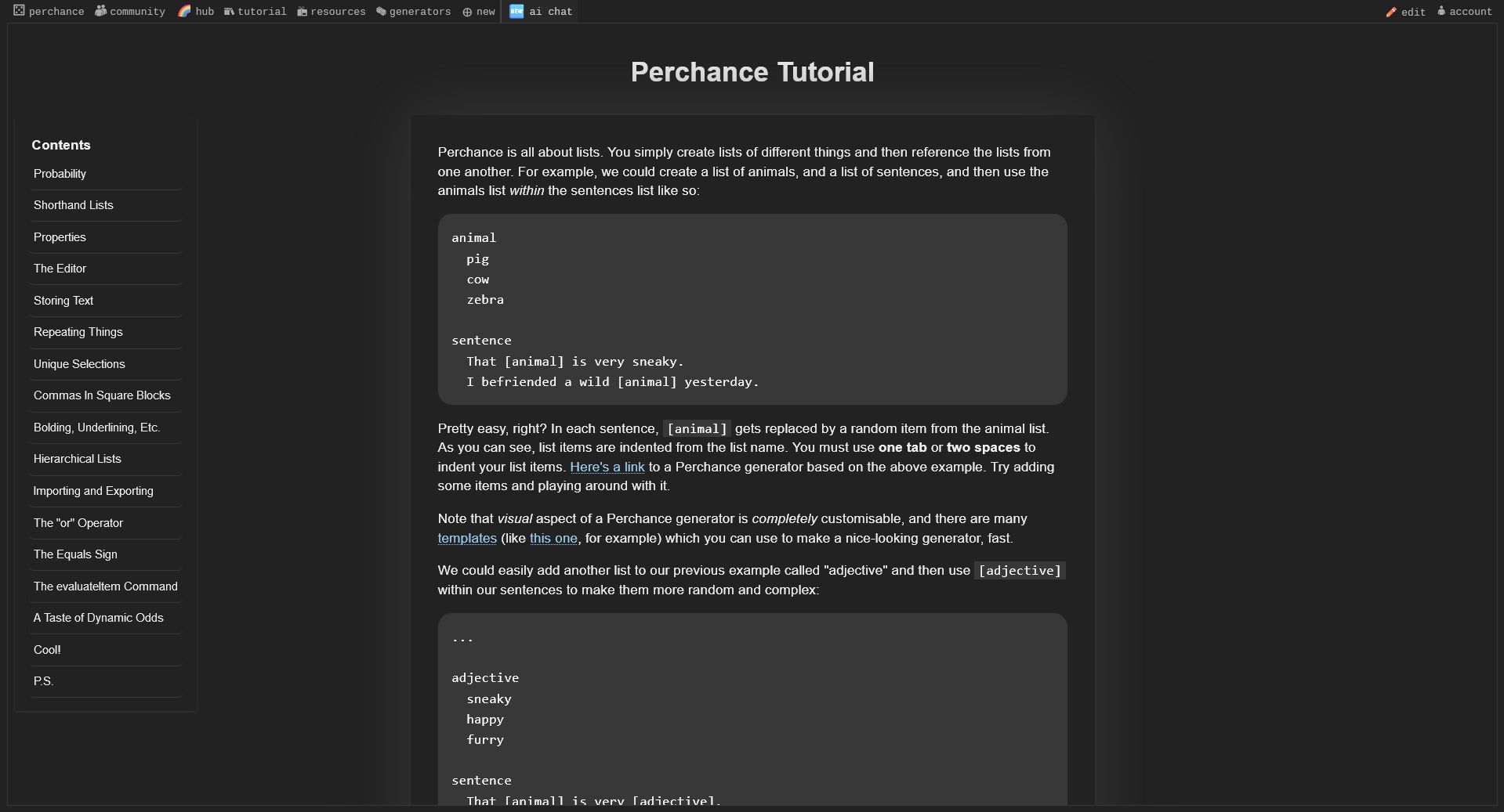 Screenshot of perchance - dark by default