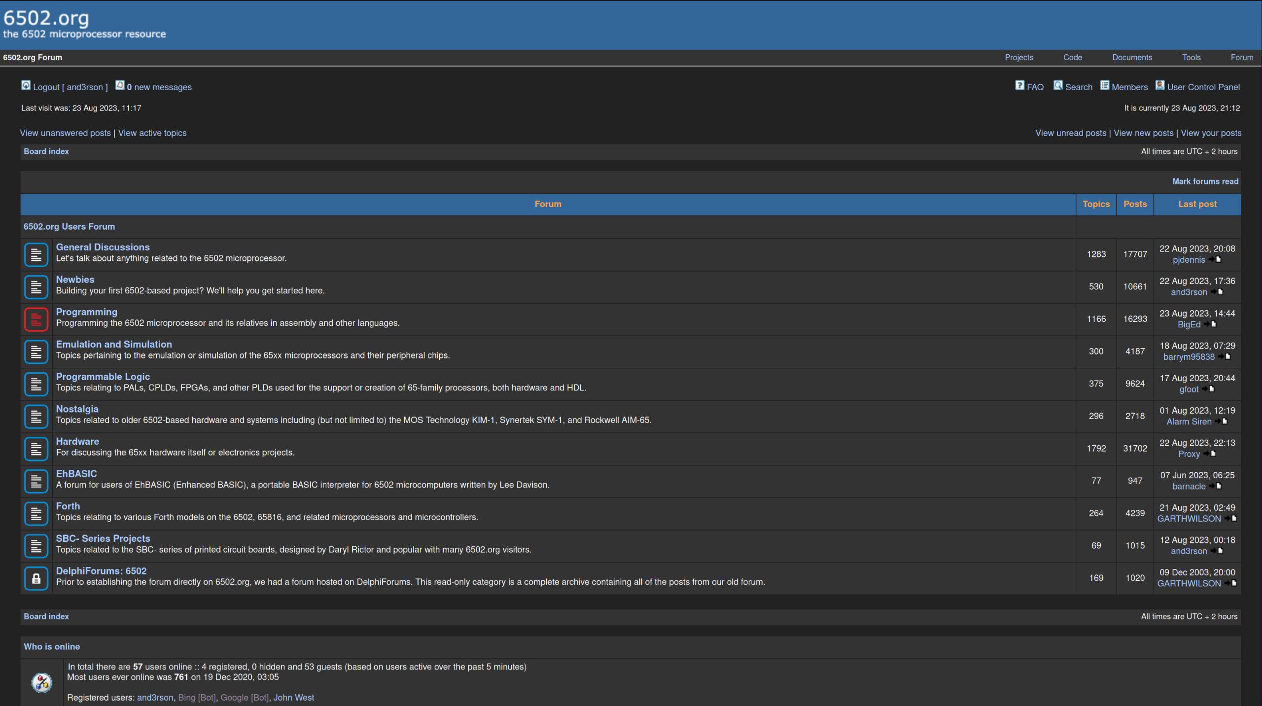 Screenshot of Dark mode for forum.6502.org