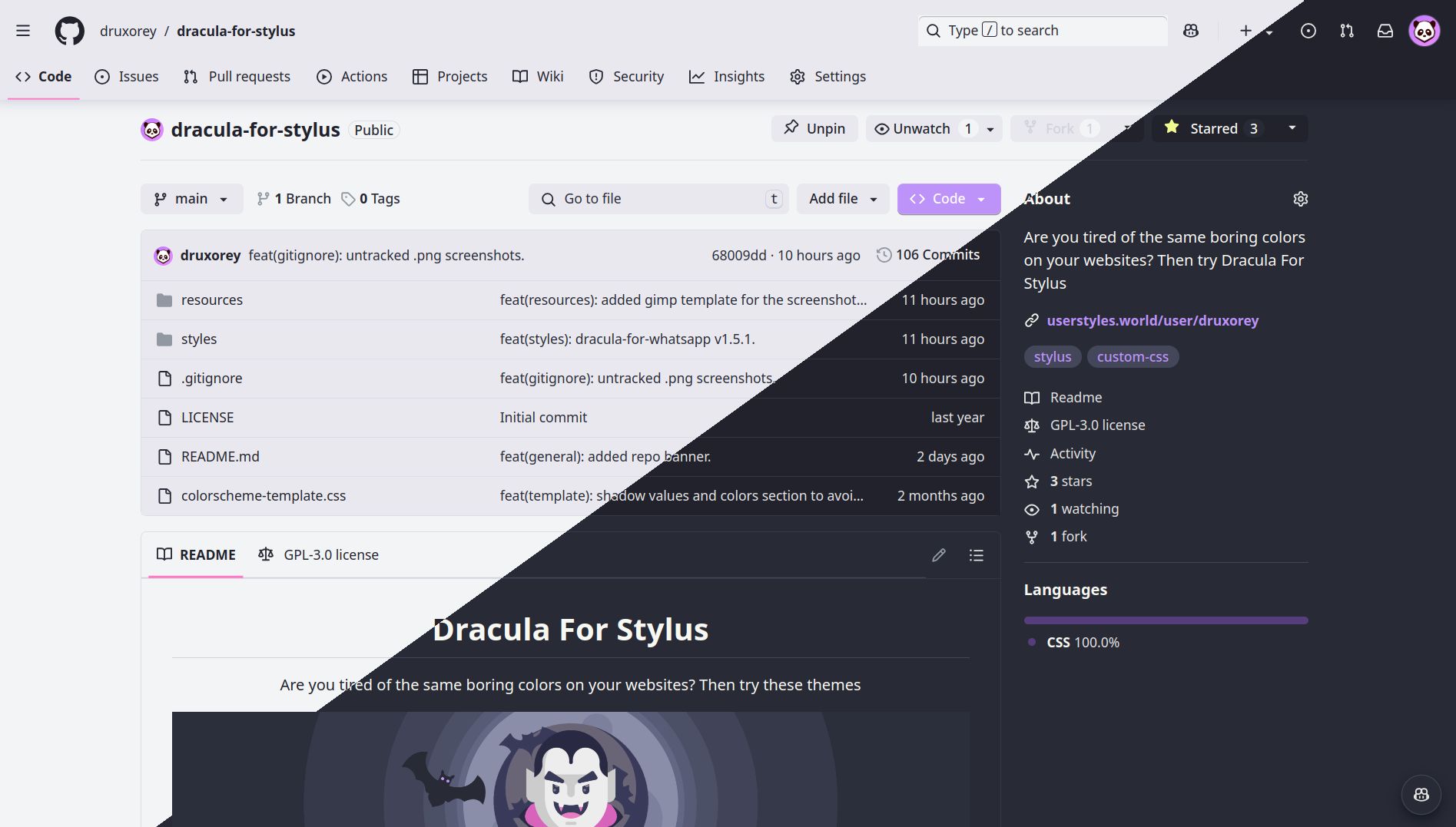 Screenshot of Dracula for GitHub