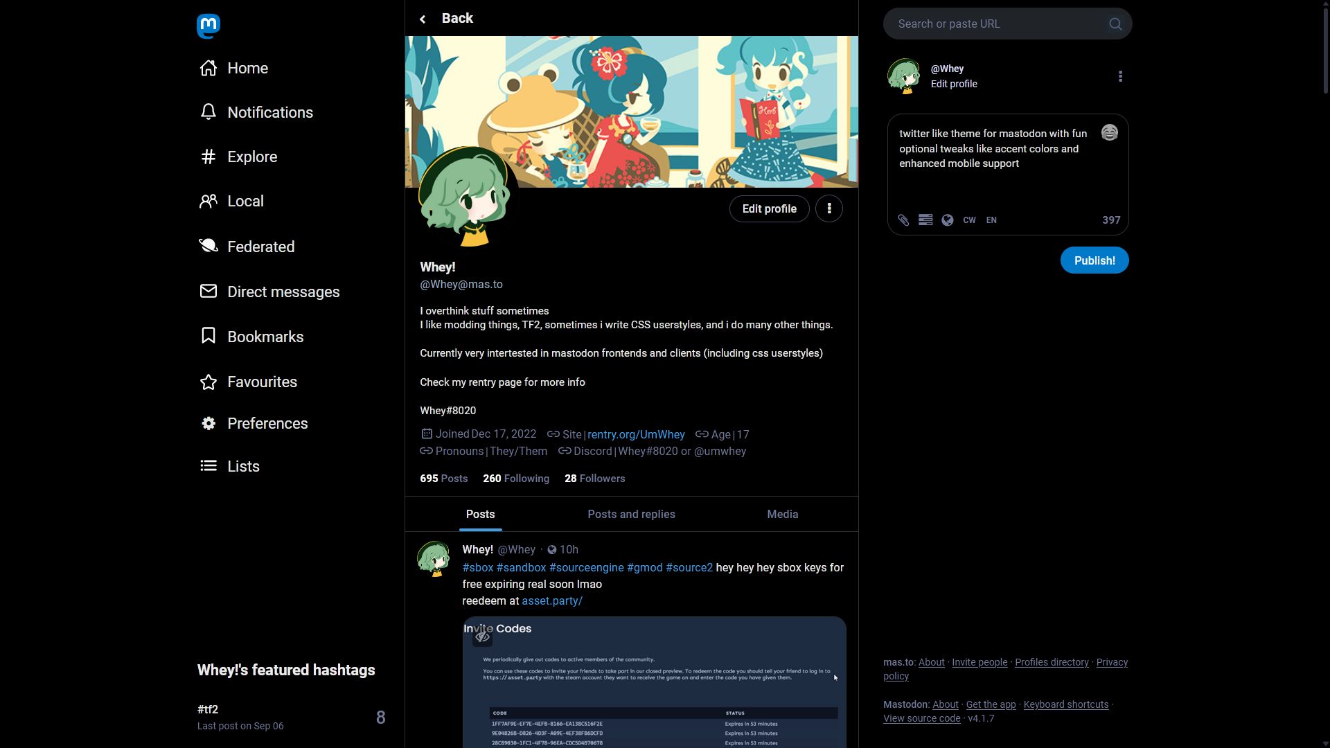 Screenshot of (Twitter-like) Mastodon Bird UI + Tweaks