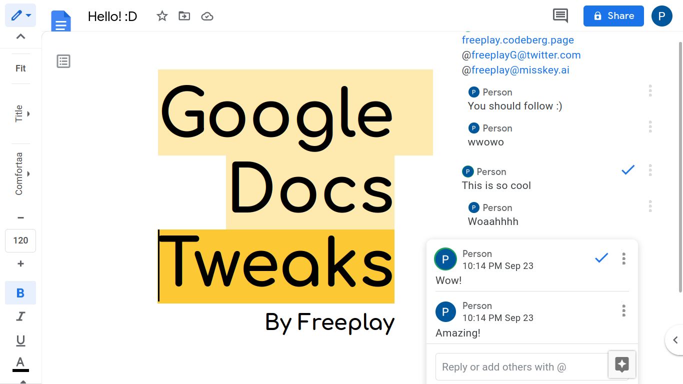 Screenshot of Google Docs Tweaks