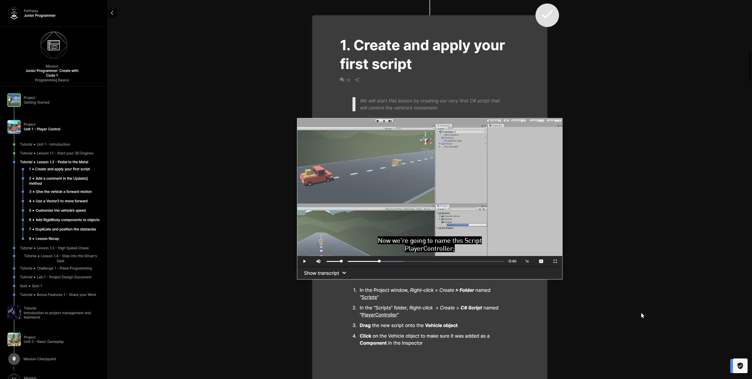 Screenshot of learn.unity dark