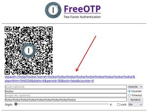 Screenshot of freeotp.github.io - show otpauth URI