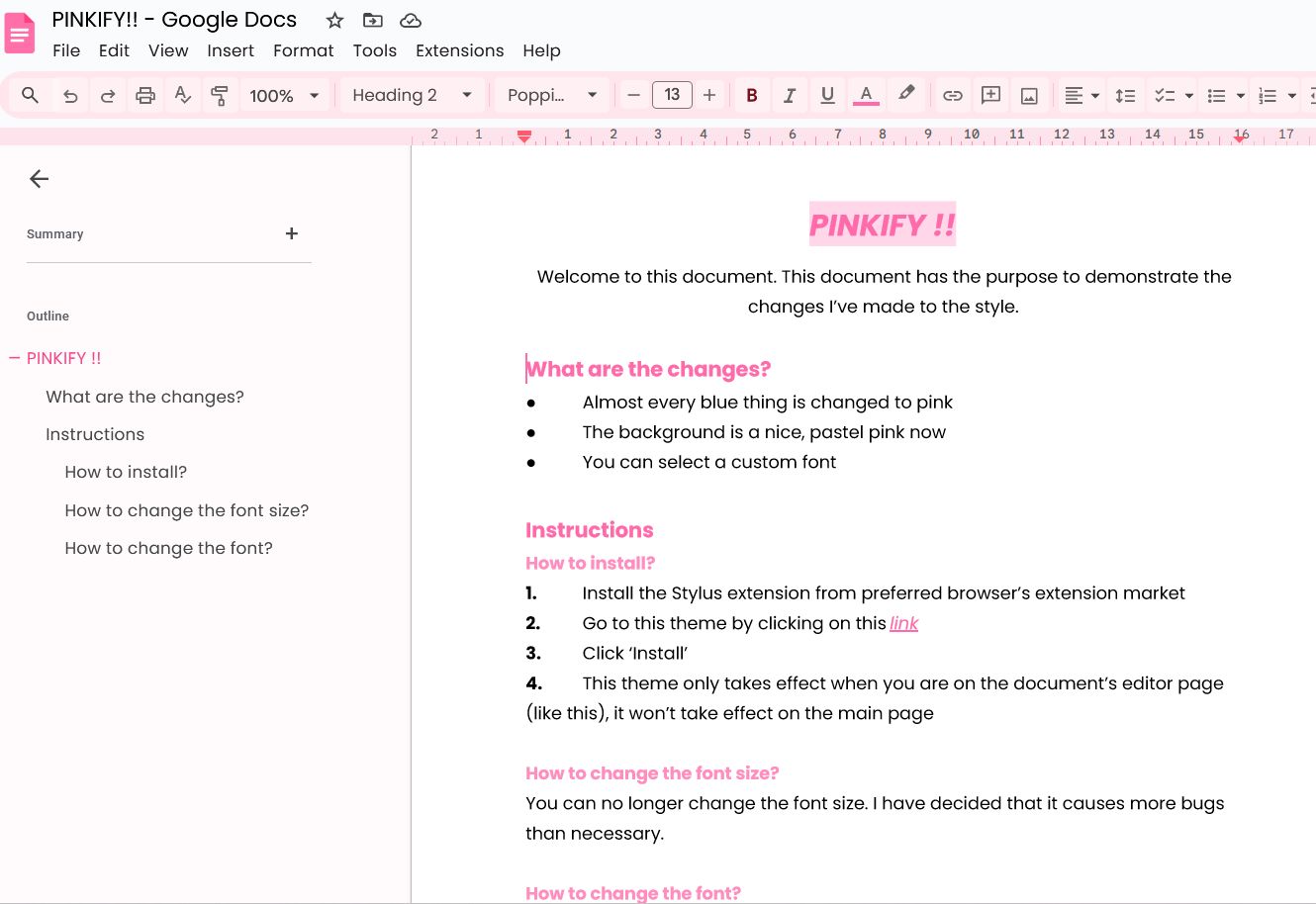 Screenshot of Pinkify!! Google Docs