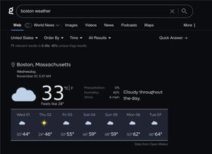 Screenshot of Force temperature unit to Farenheit in Kagi search