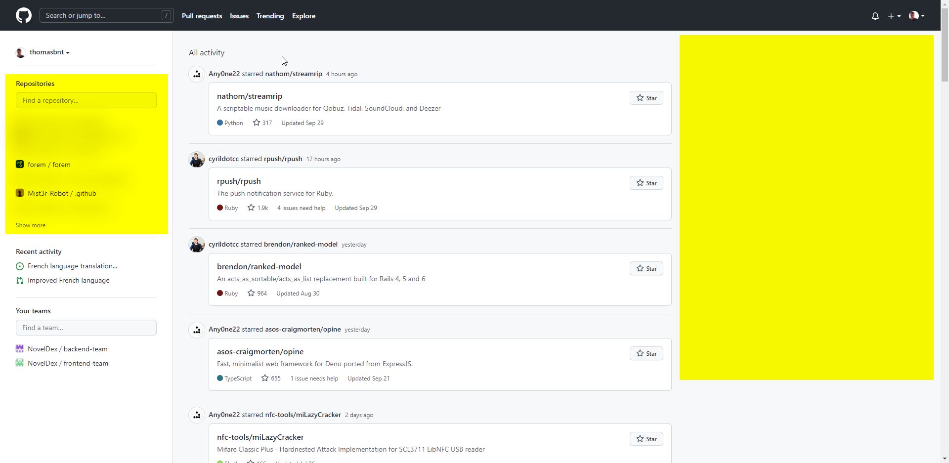 Screenshot of Hide private informations on GitHub