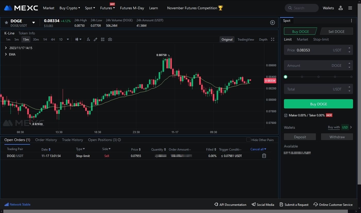 Screenshot of mexc.com - Spot Trading page