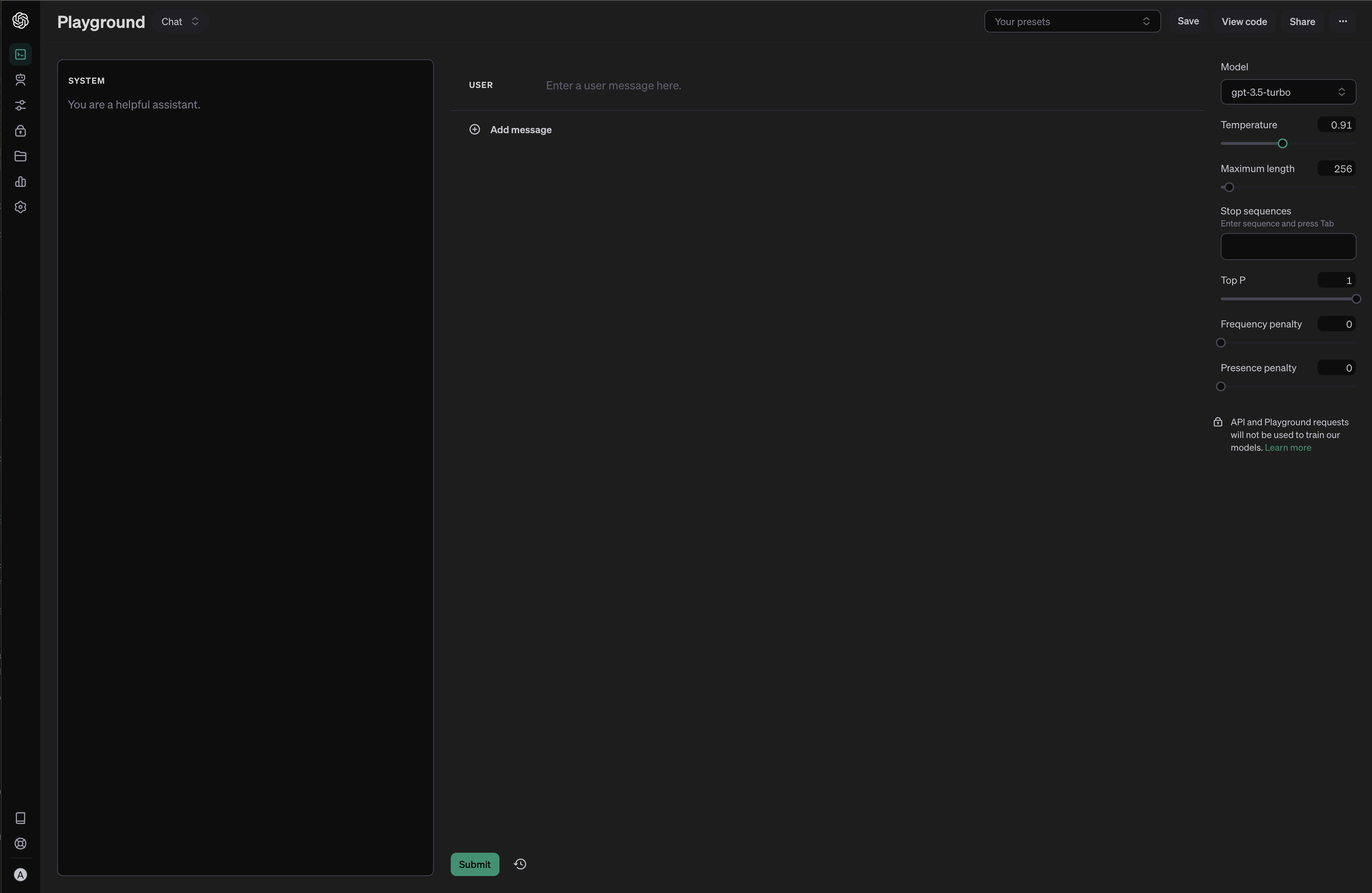 Screenshot of openai playground nightmode