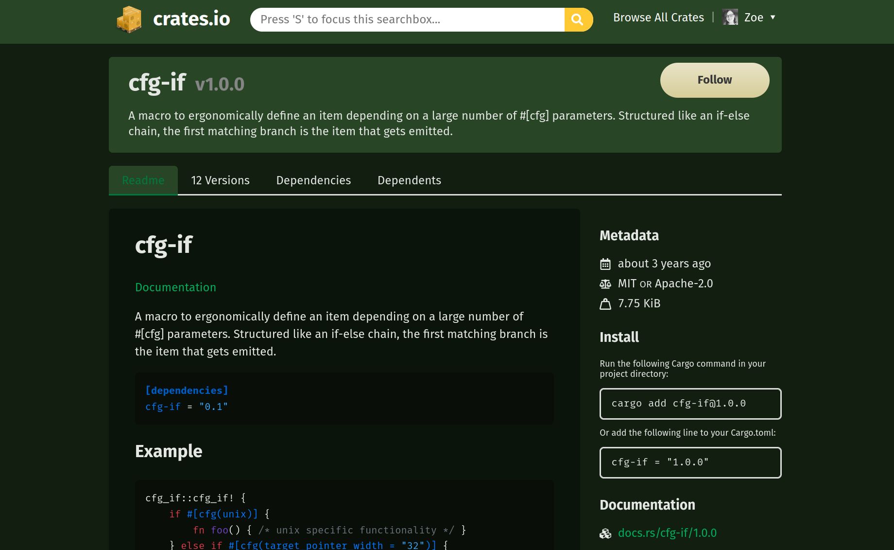 Screenshot of crates.io dark green