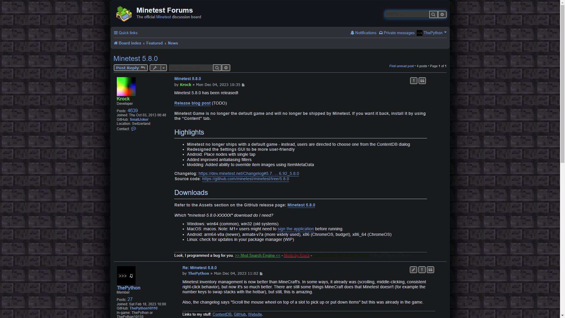 Screenshot of Blackstone Minetest Forum