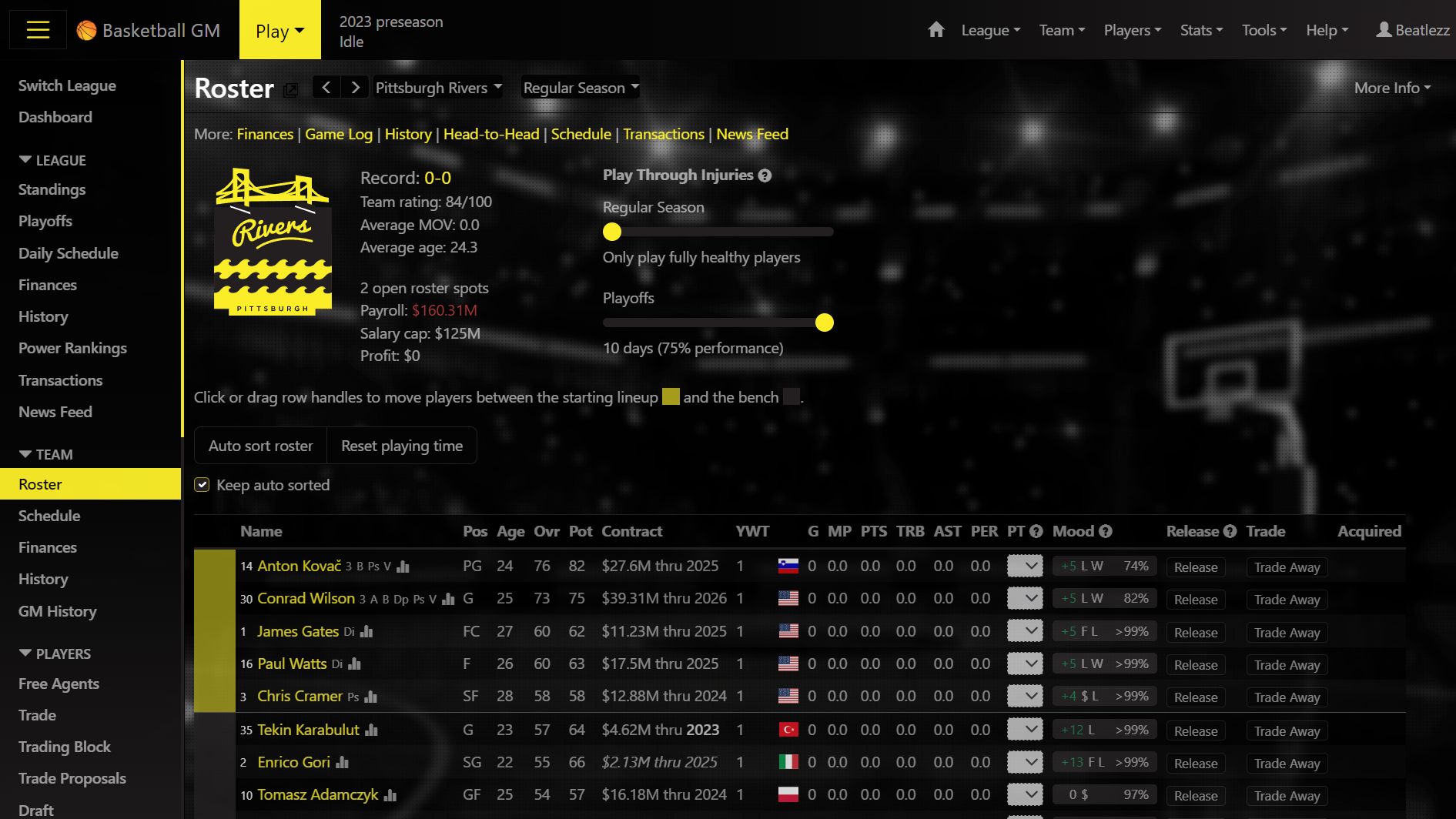 Screenshot of BasketballGM - Pittsburgh Rivers Dark Theme