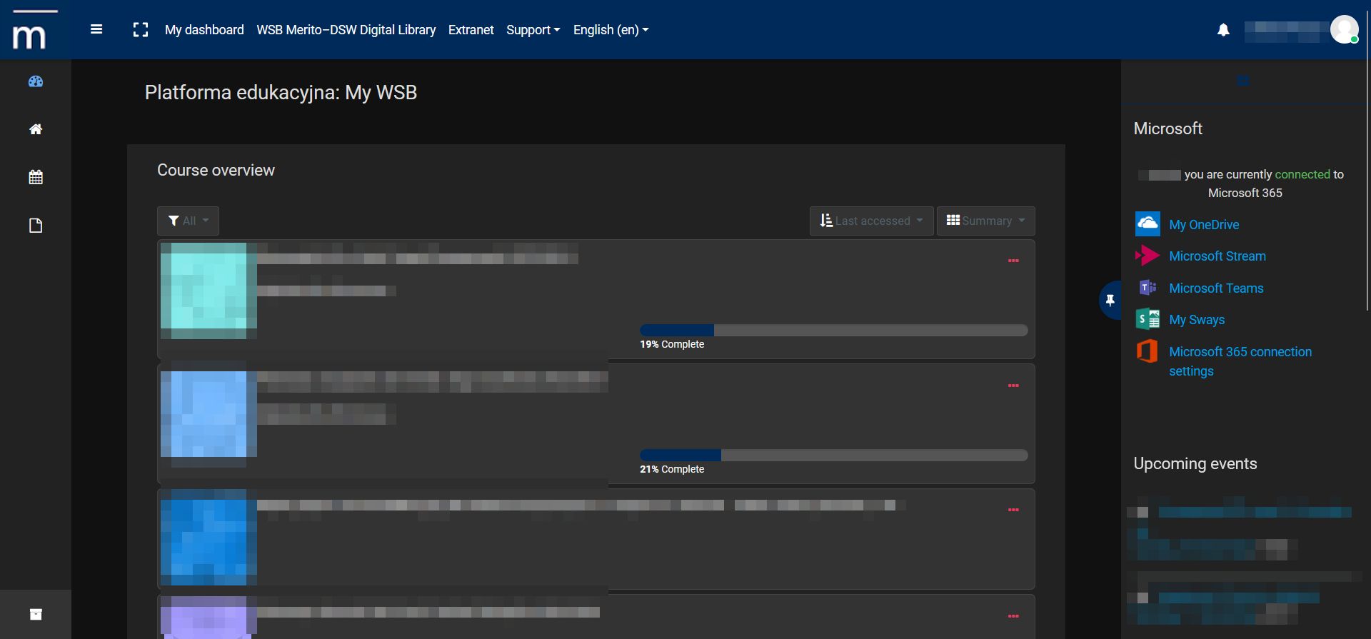 Screenshot of WSB Extranet + Moodle Dark theme