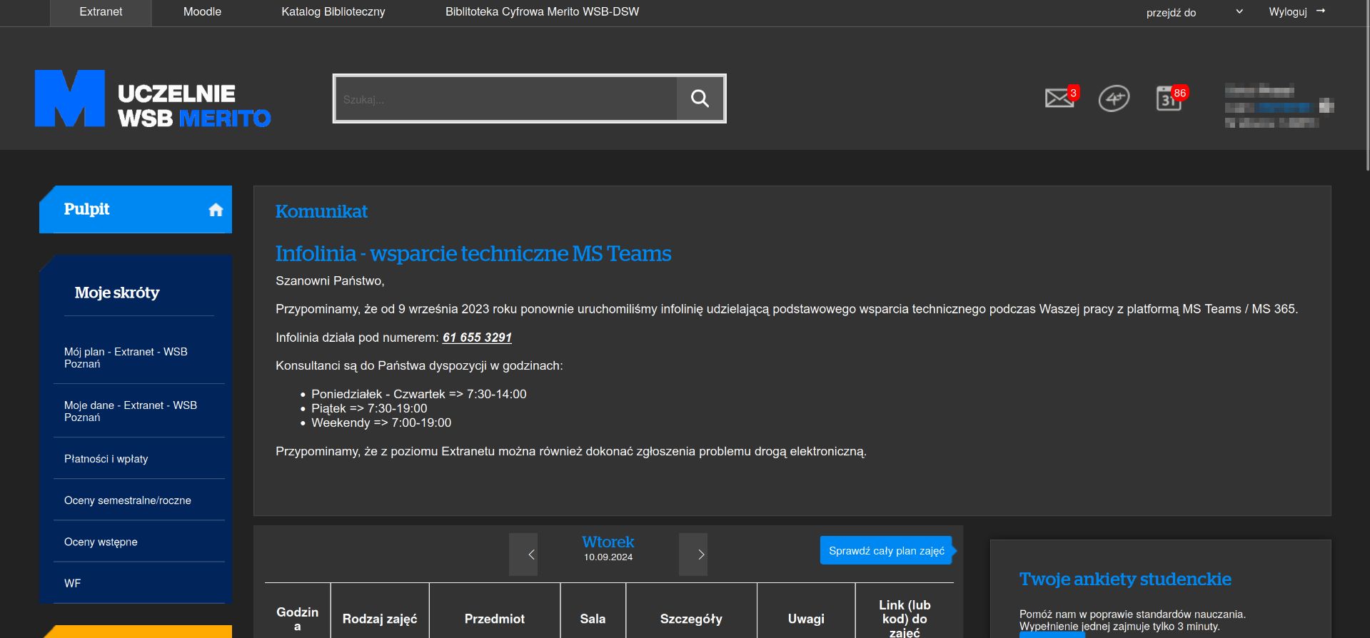 Screenshot of WSB Merito Extranet/Moodle Dark Theme