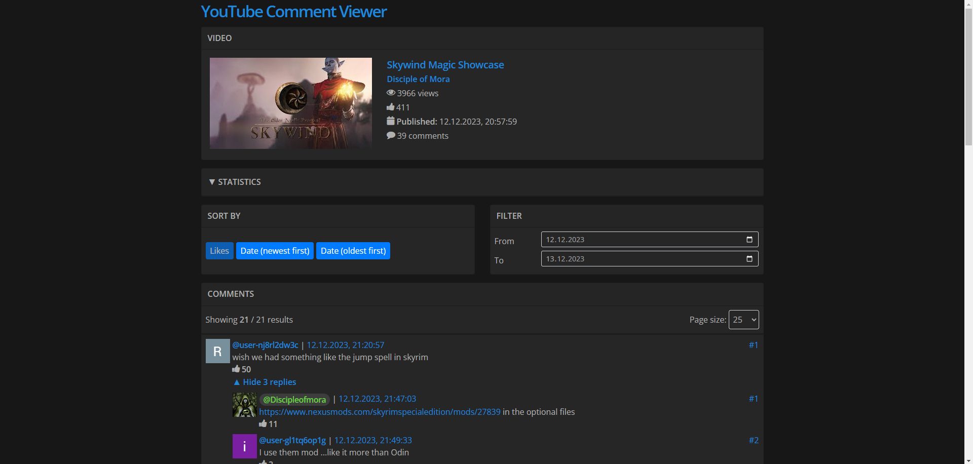 Screenshot of YouTube Comment Viewer Dark