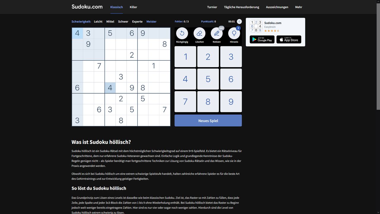 Screenshot of Sudoku.com - Dark Theme