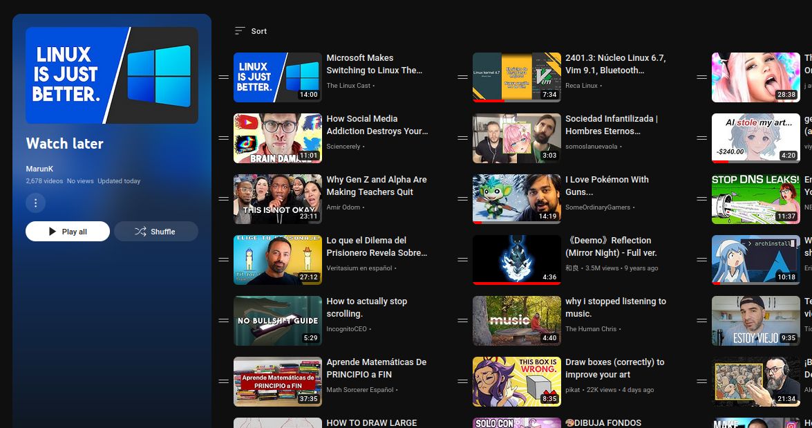 Screenshot of 3 rows Watch Later Playlists