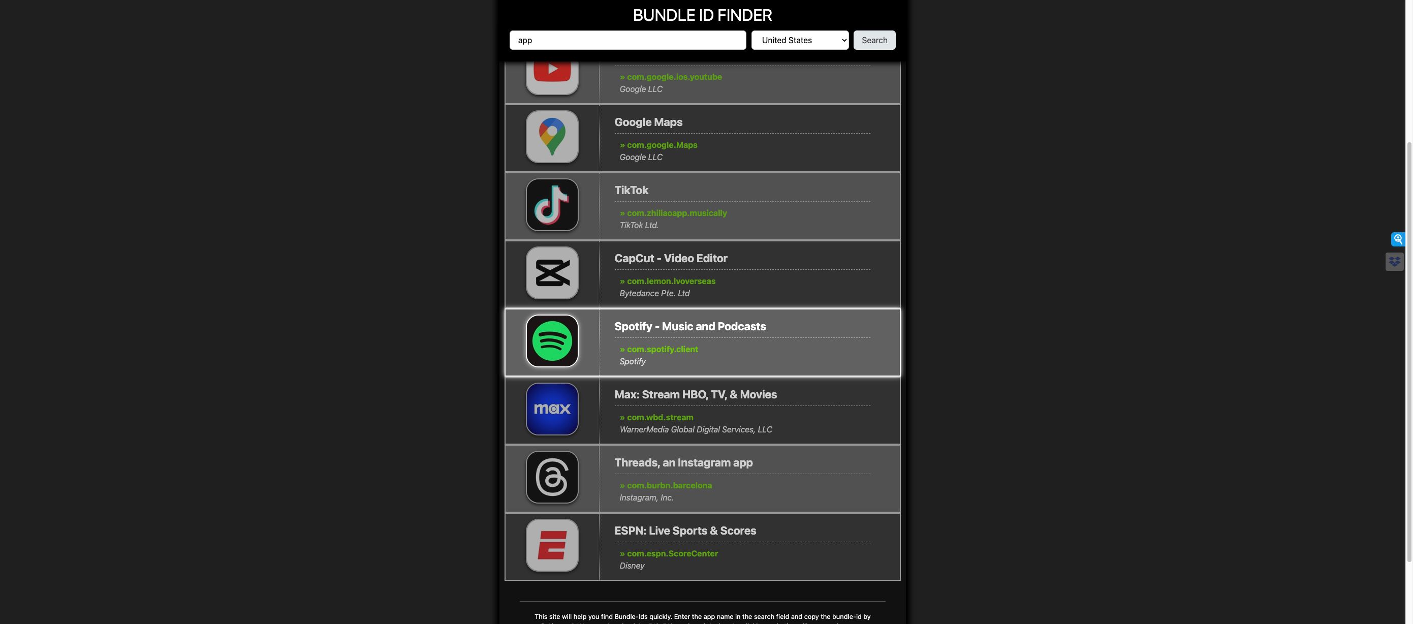 Screenshot of OffCornerDev Bundle ID Finder - Dark Mode Restyle