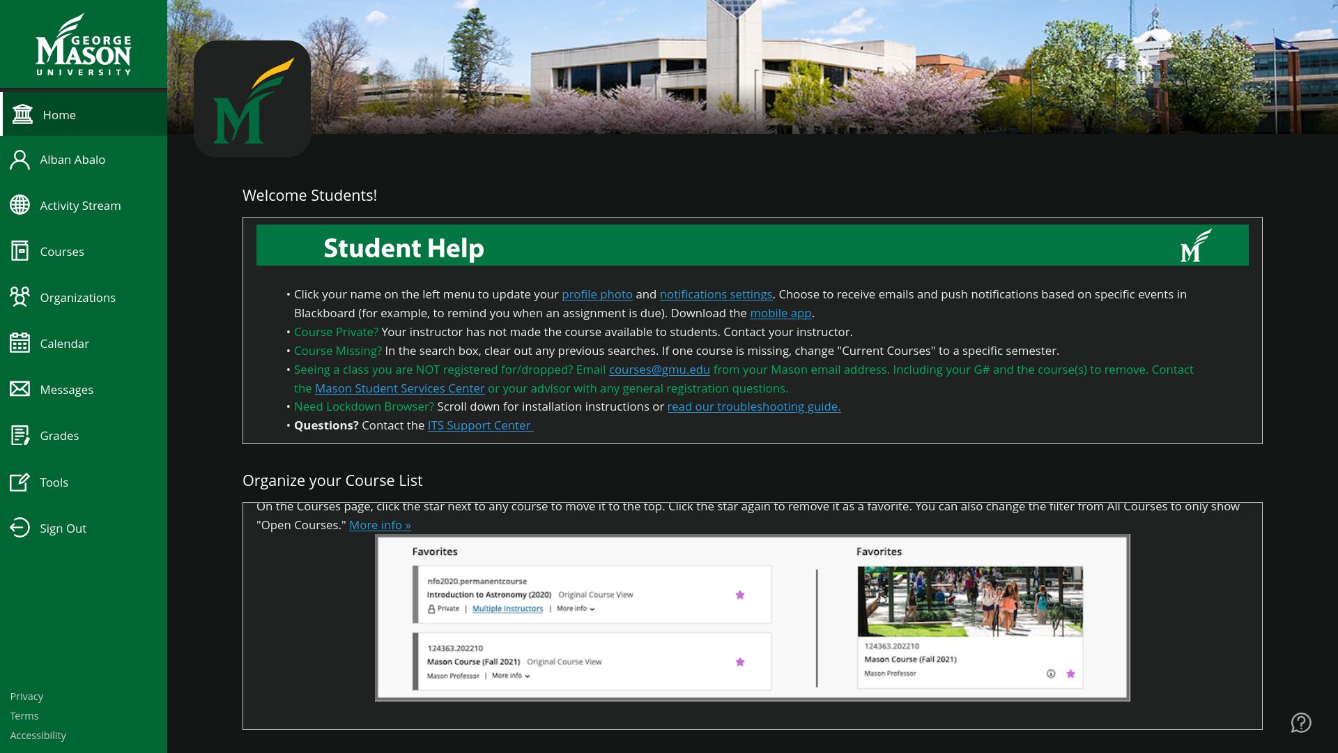 Screenshot of GMU Blackboard Dark Theme