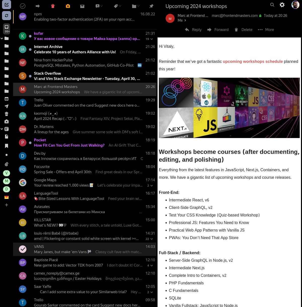 Screenshot of mail.yandex.ru: black, minimum, without ad