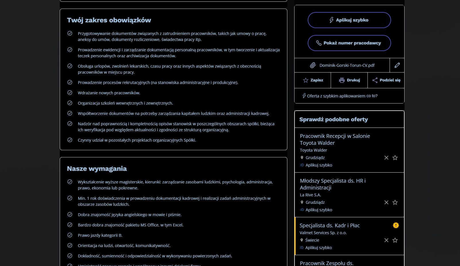 Screenshot of pracuj.pl - styl ciemny, bylejaki