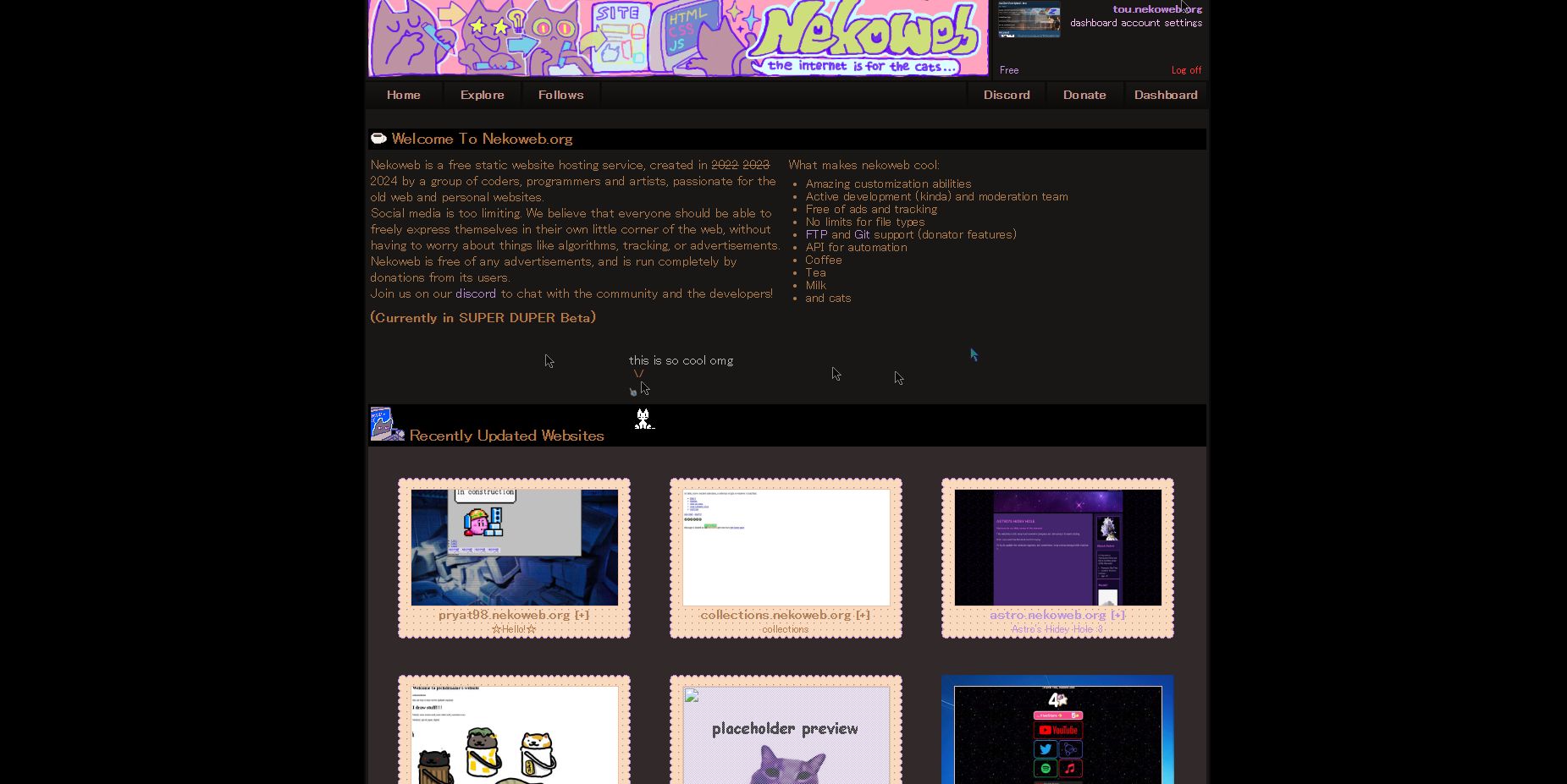 Screenshot of Nekoweb Dark Mode