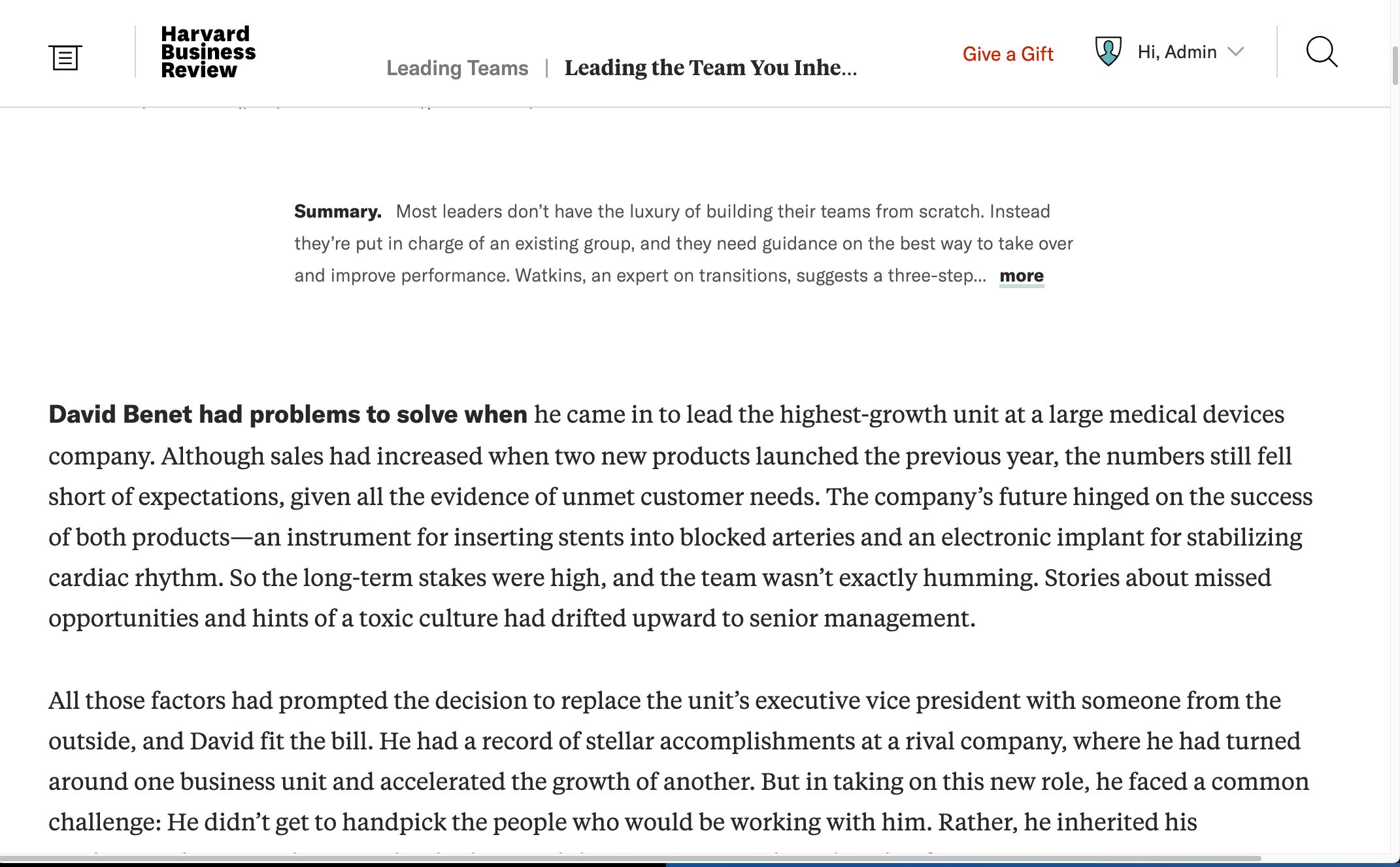 Screenshot of Harvard Business Review - Enhanced view