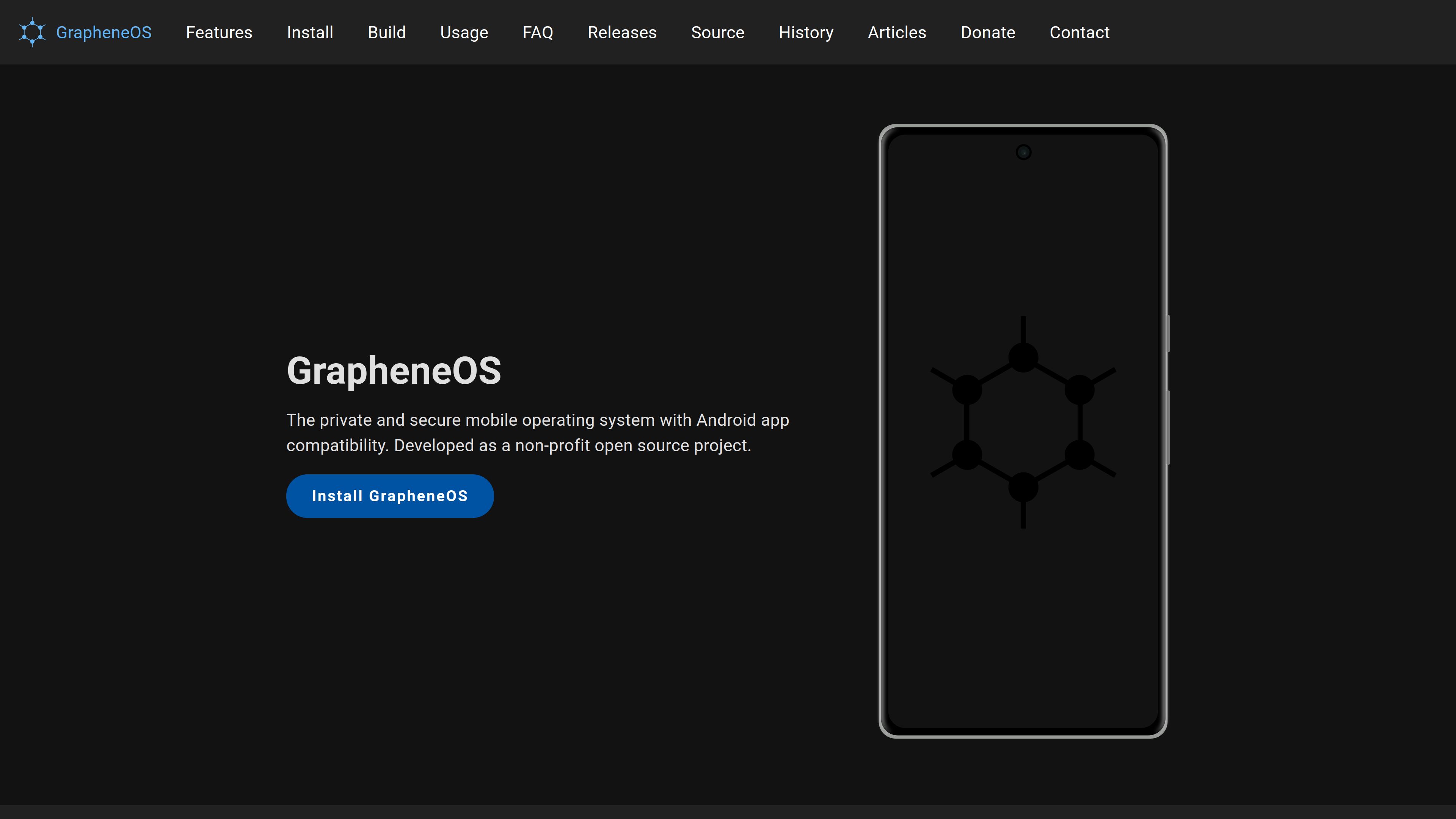 Screenshot of GrapheneOS.org ~ Lights Off