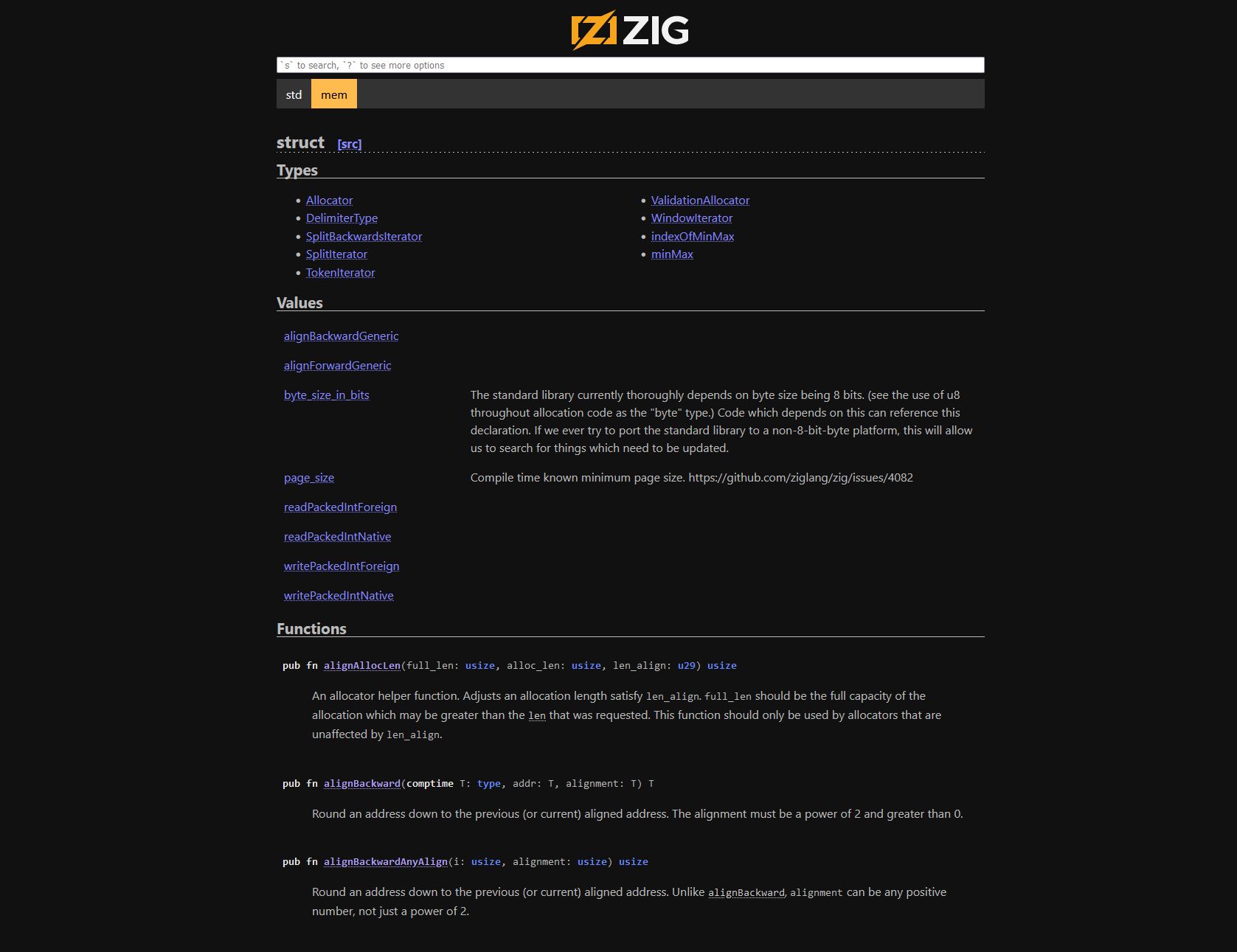 Screenshot of Readable Zig Docs (March 2024)