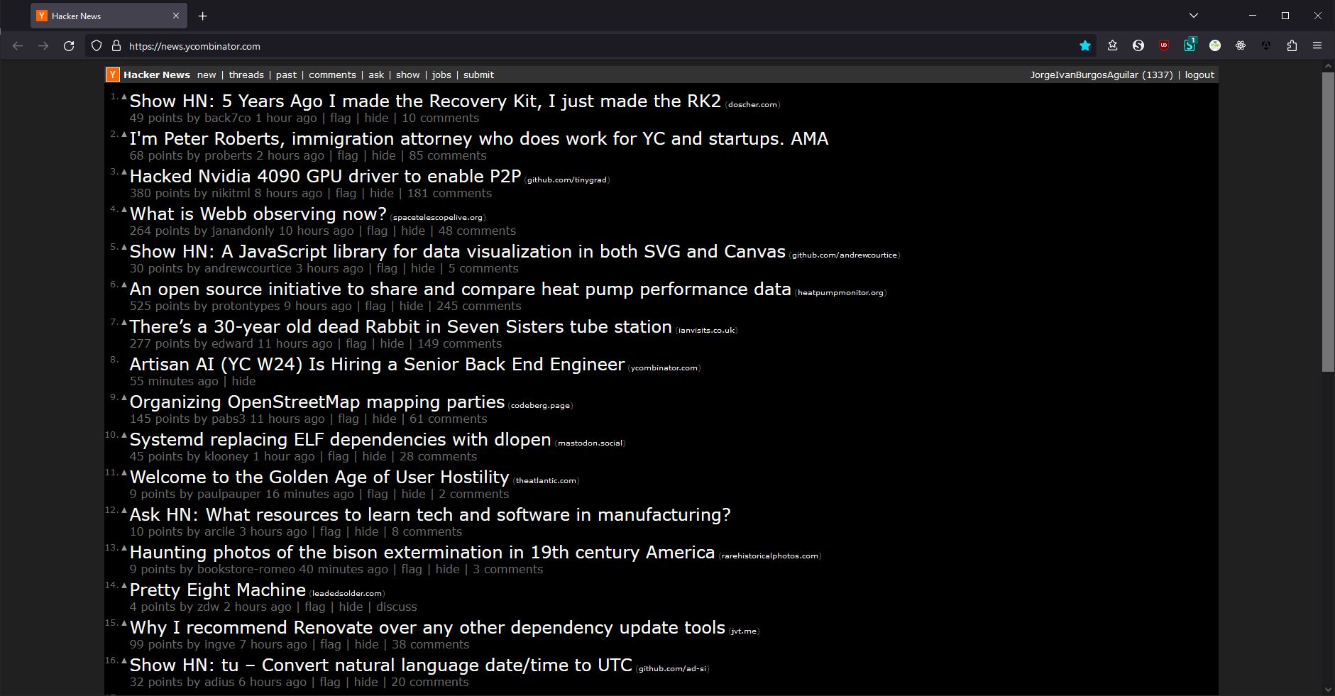 Screenshot of Dark Hacker News Readable