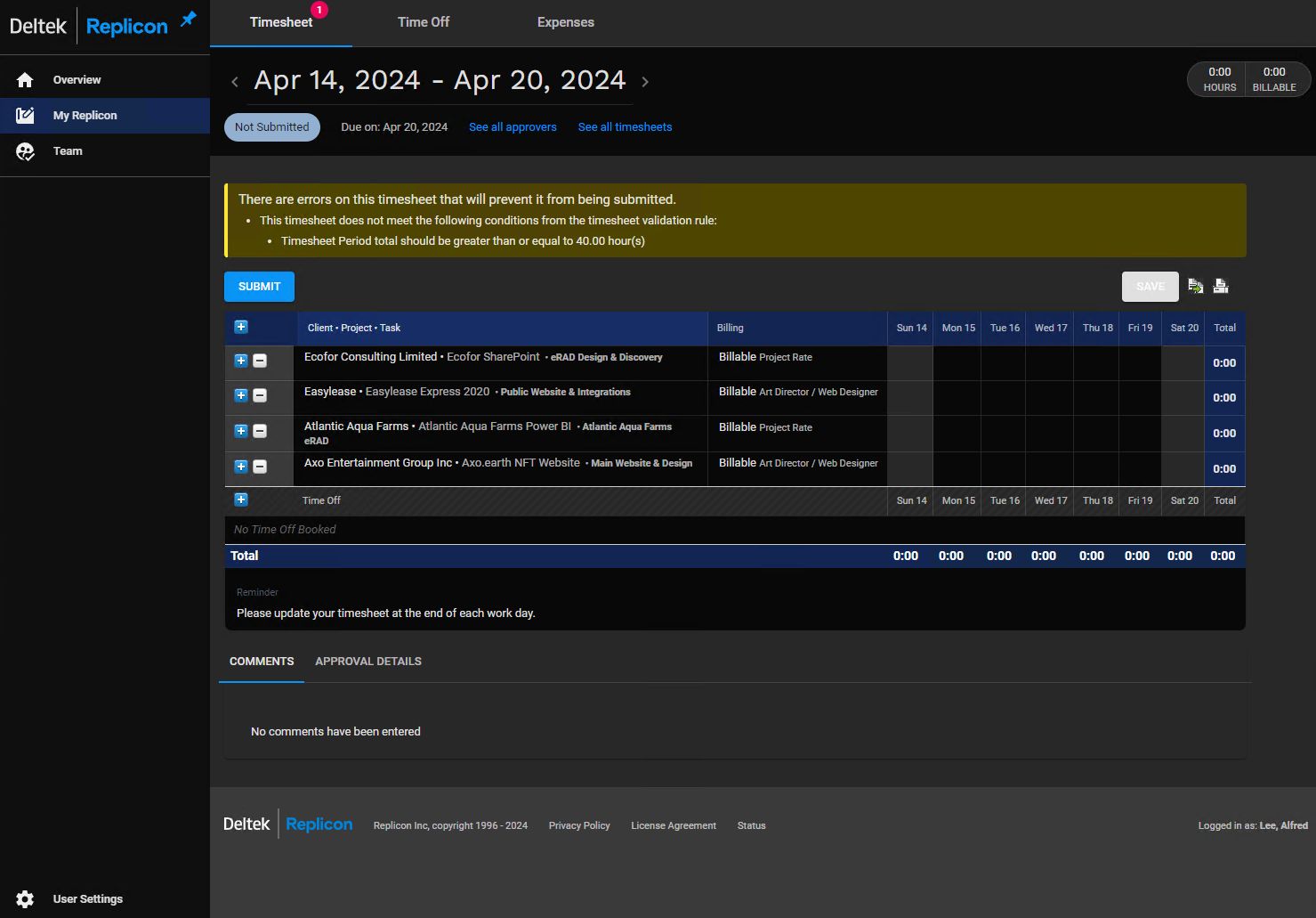 Screenshot of Replicon Timesheet - Dark Mode