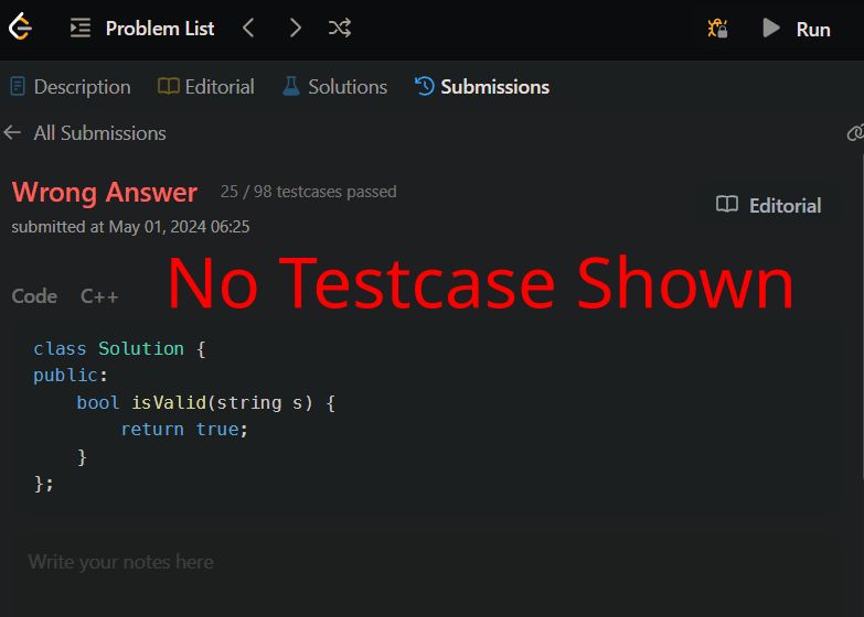 Screenshot of Hide Failed Testcase in Leetcode