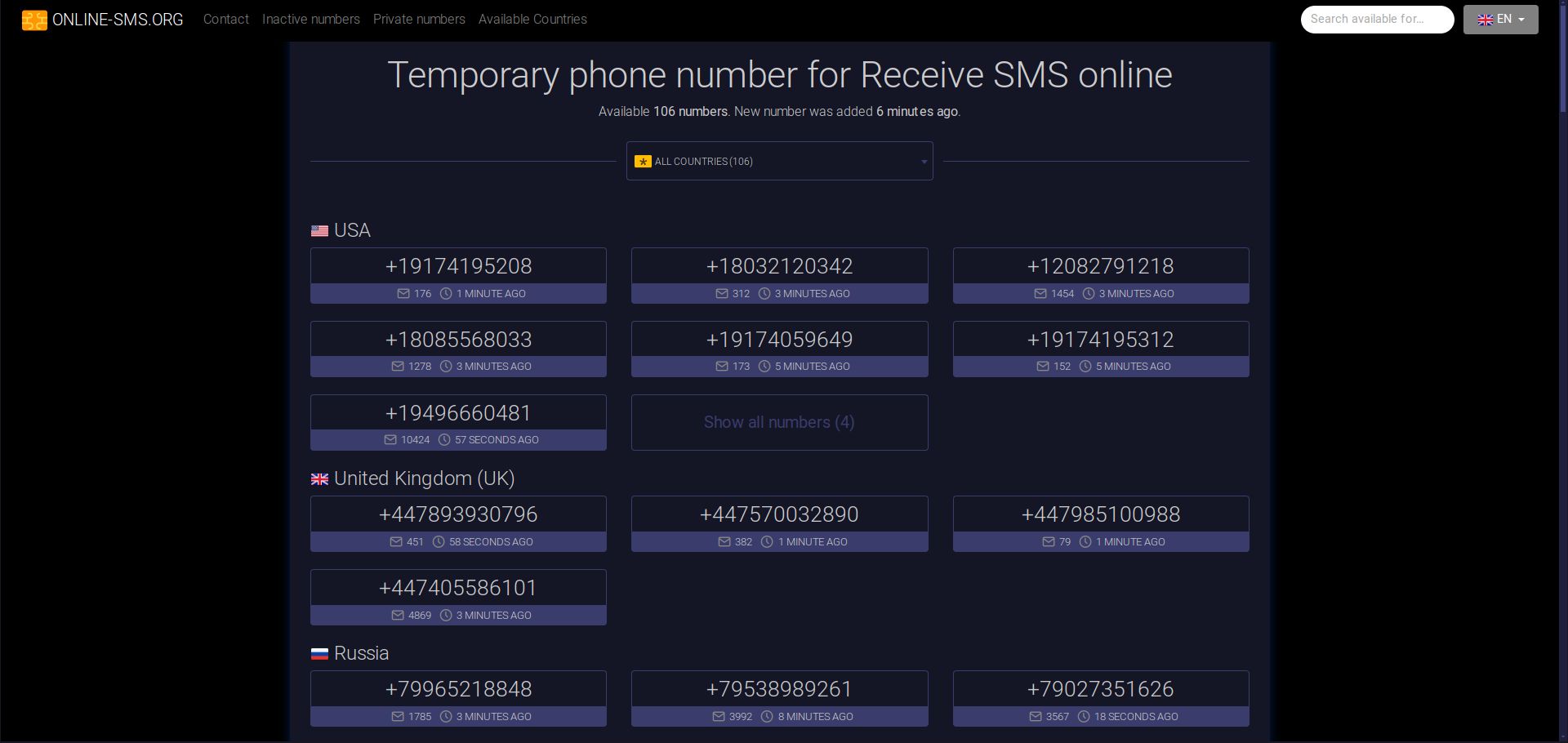 Screenshot of 7sim.pro online-sms.org night