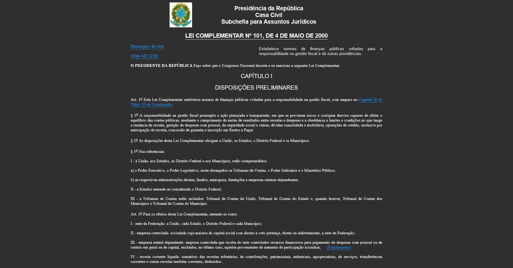 Screenshot of Portal de Legislação do Planalto - Dark Theme