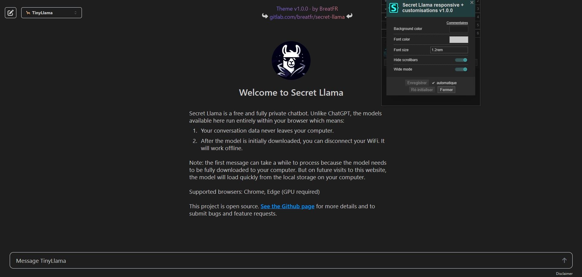 Screenshot of Secret Llama responsive + customisations