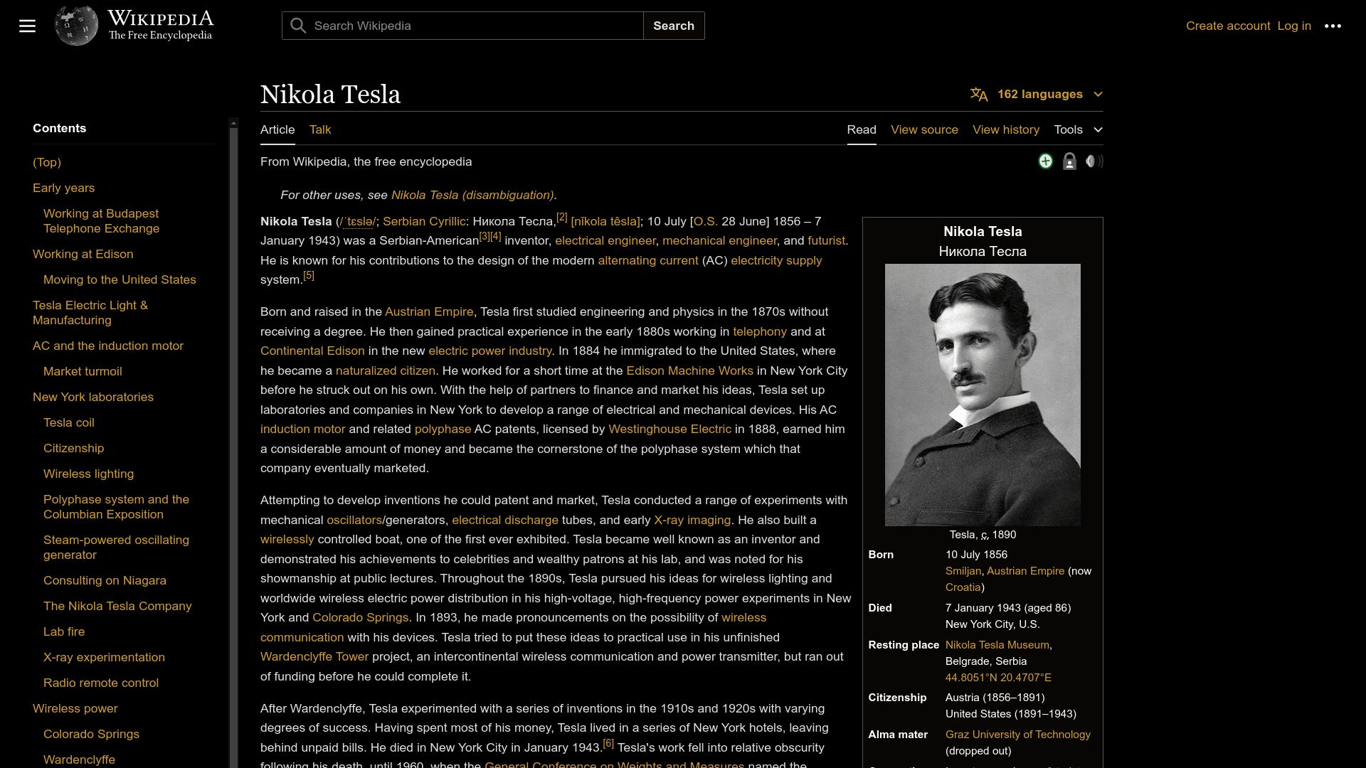 Screenshot of Wikipedia × OLED Pro Deep Black Dark Theme